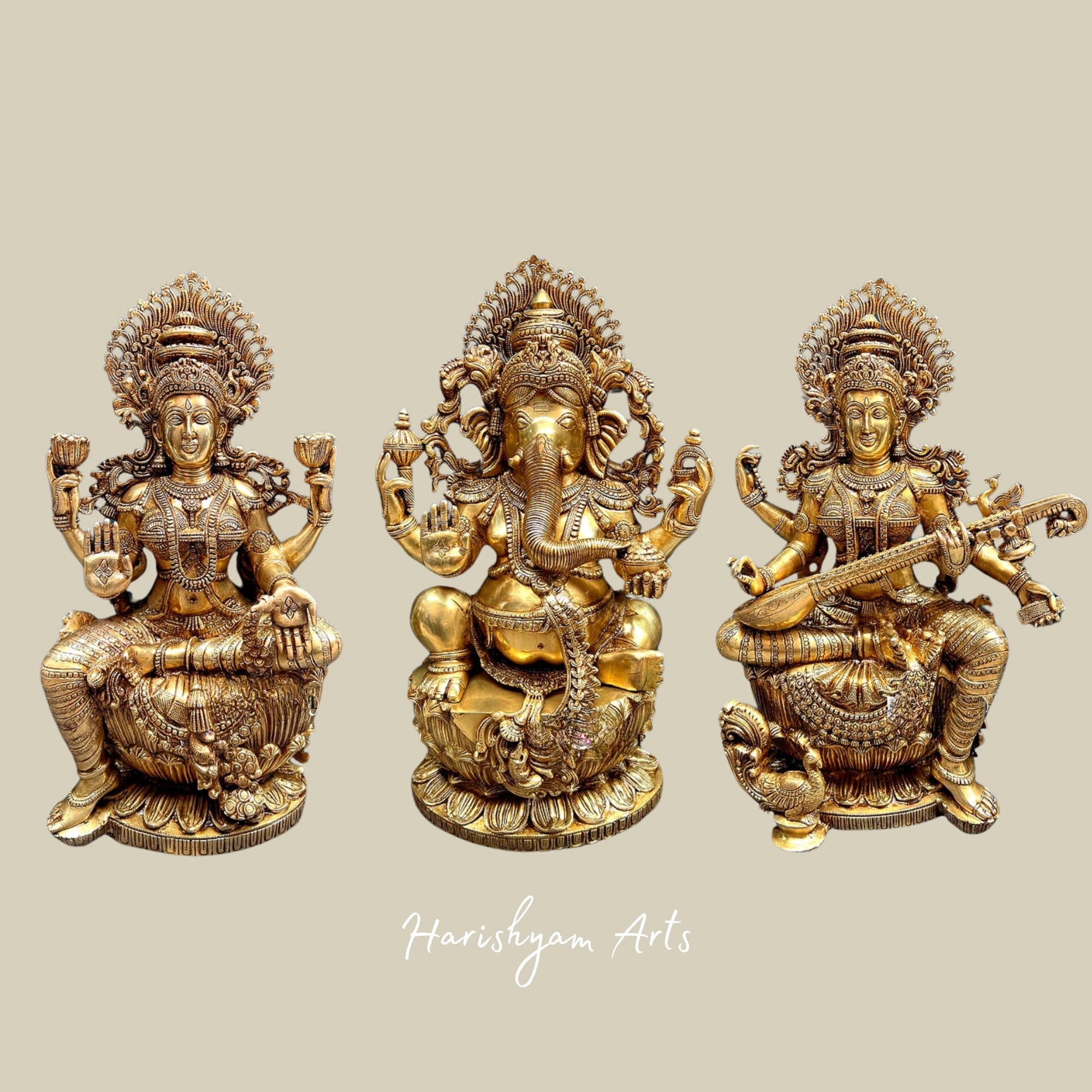 26" Majestic Brass Ganesha Lakshmi Saraswati Sculptures for Large Temple Spaces