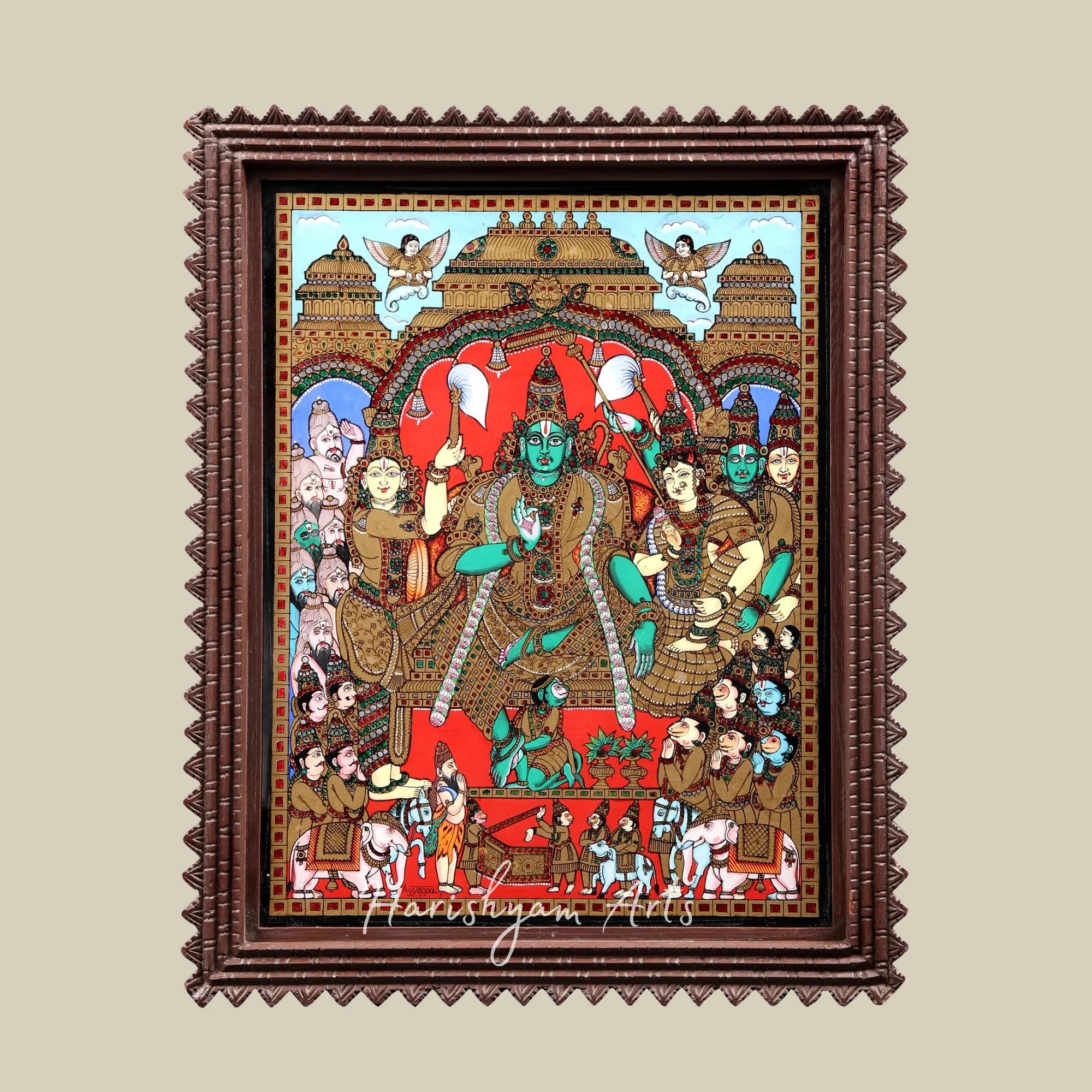 26" Sri Rama Pattabhishekam Glass Painting with an Elegant Wooden Frame