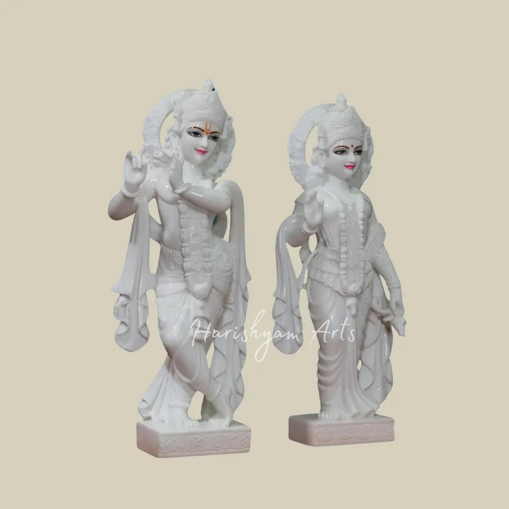 27" Radha Krishna White Moorti in Vietnam Marble With Beautiful Garland