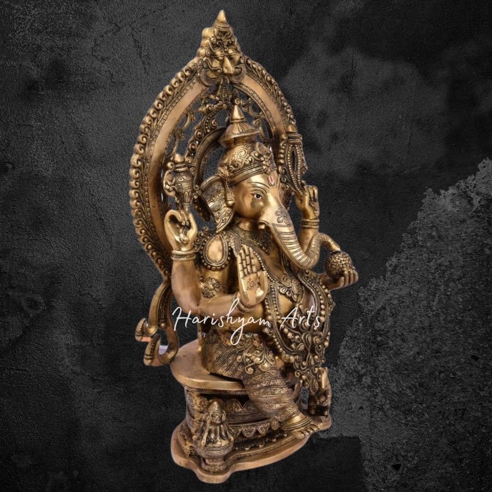 27" Brass Ganesh Statue Sitting On Singhasan