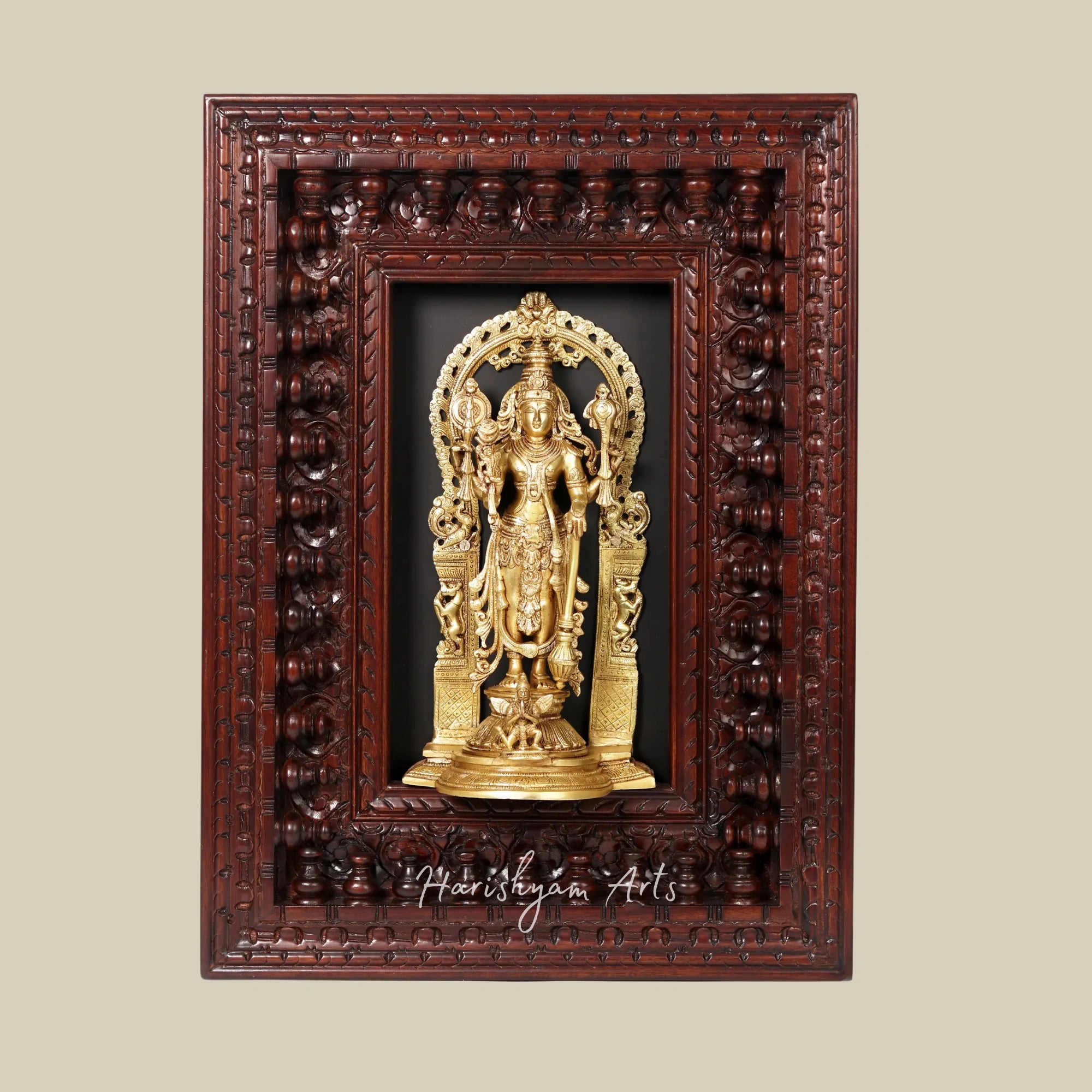 27" Four-Armed Lord Vishnu in Brass with Wooden Wall Hanging Frame for Temple Décor