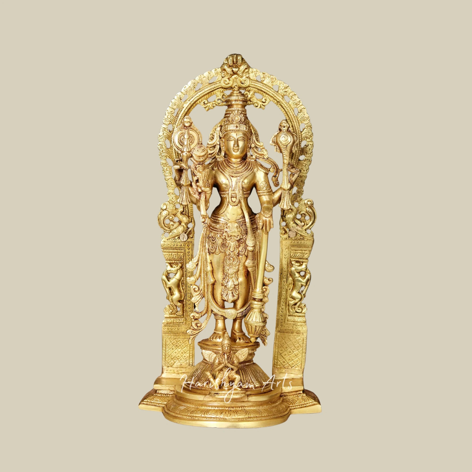 27" Four-Armed Lord Vishnu in Brass with Wooden Wall Hanging Frame for Temple Décor