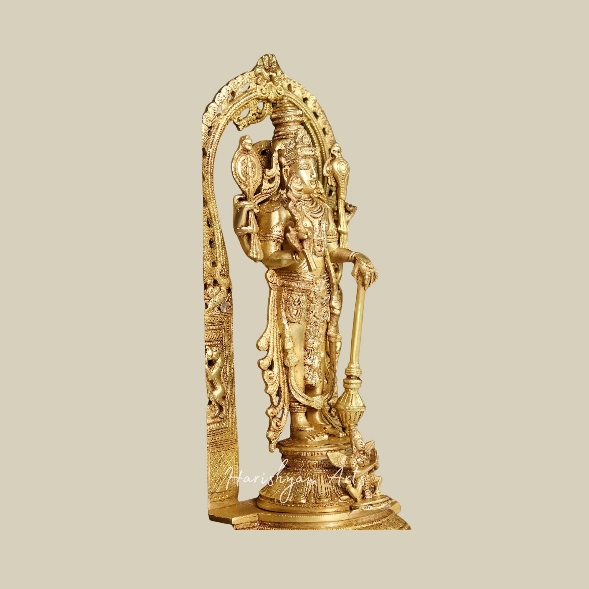 27" Four-Armed Lord Vishnu in Brass with Wooden Wall Hanging Frame for Temple Décor