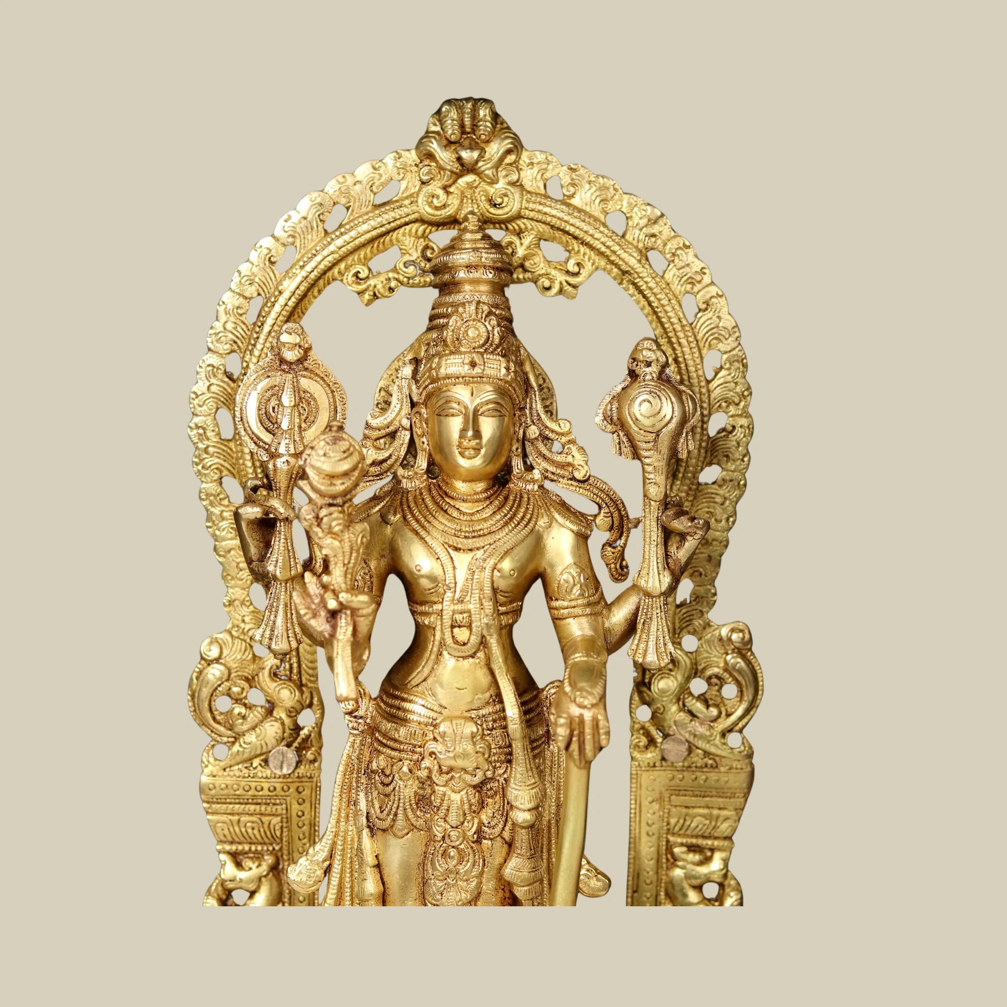 27" Four-Armed Lord Vishnu in Brass with Wooden Wall Hanging Frame for Temple Décor