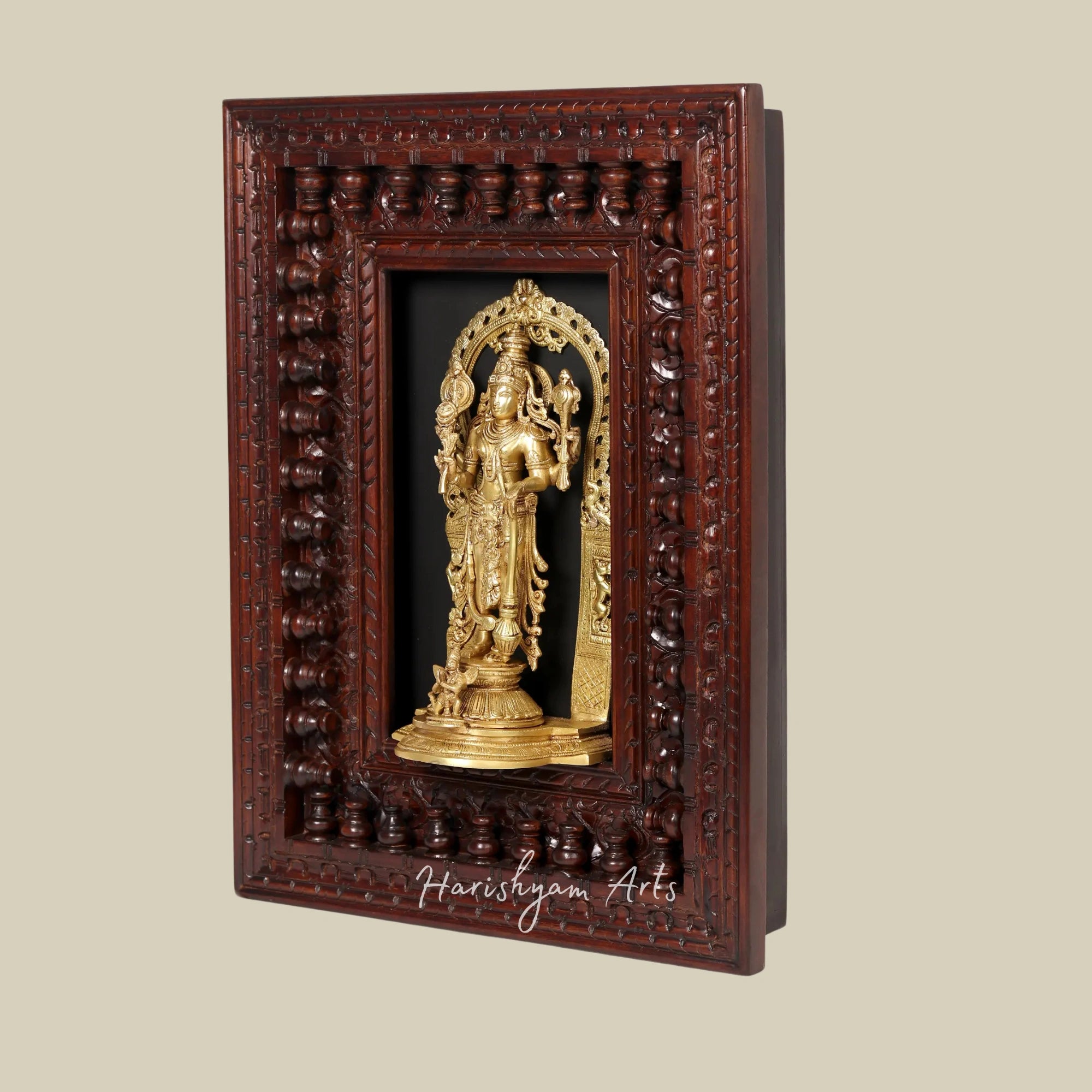 27" Four-Armed Lord Vishnu in Brass with Wooden Wall Hanging Frame for Temple Décor