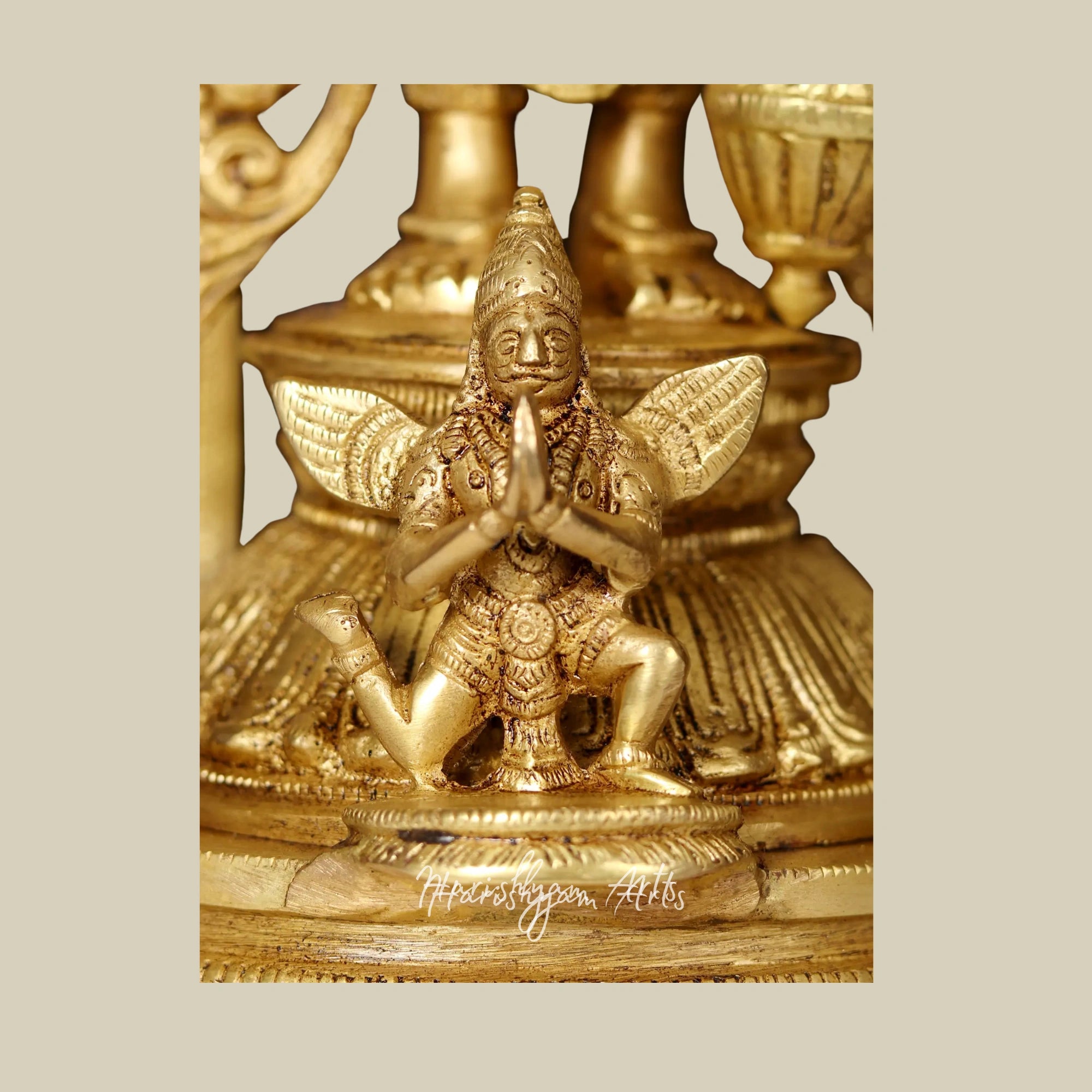 27" Four-Armed Lord Vishnu in Brass with Wooden Wall Hanging Frame for Temple Décor