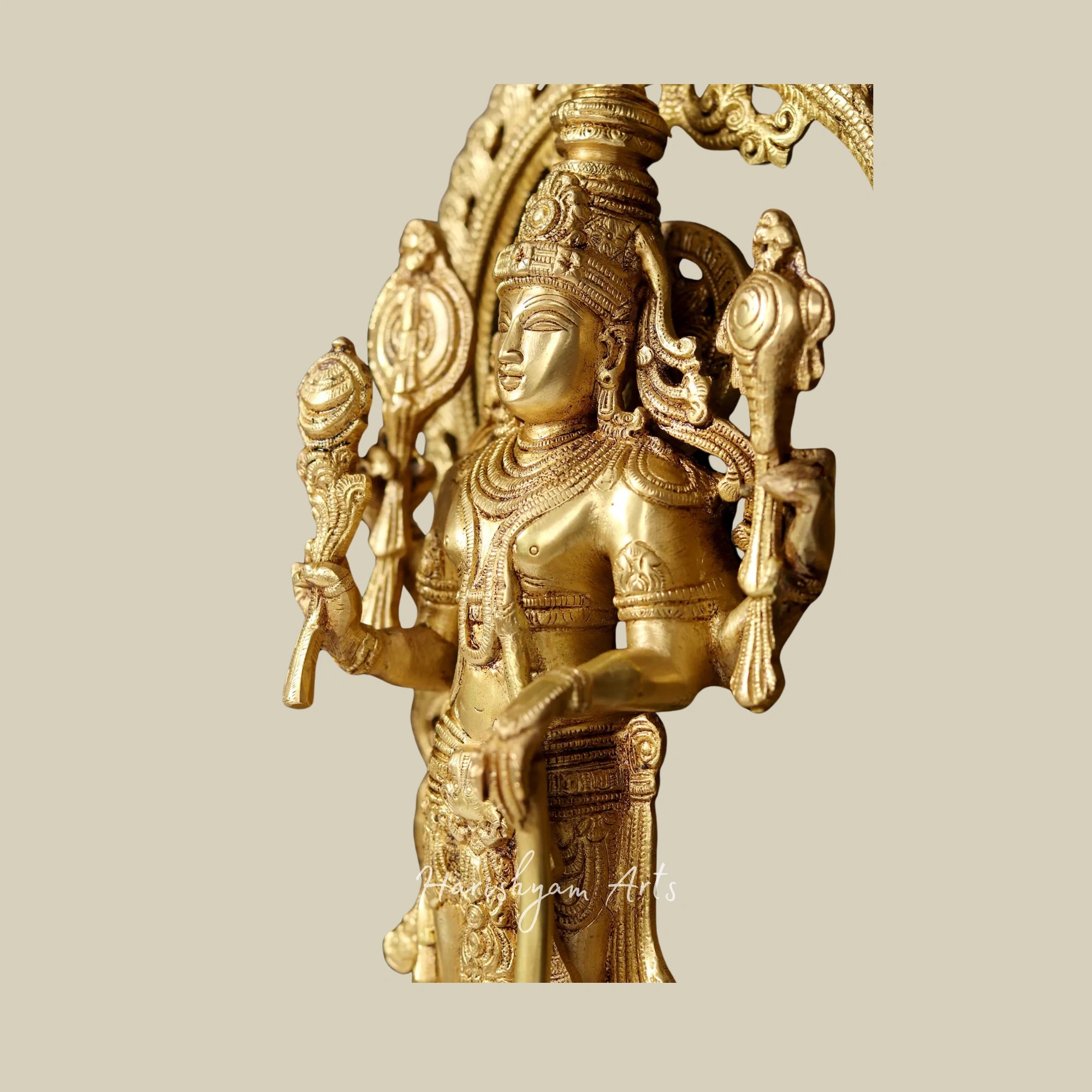 27" Four-Armed Lord Vishnu in Brass with Wooden Wall Hanging Frame for Temple Décor