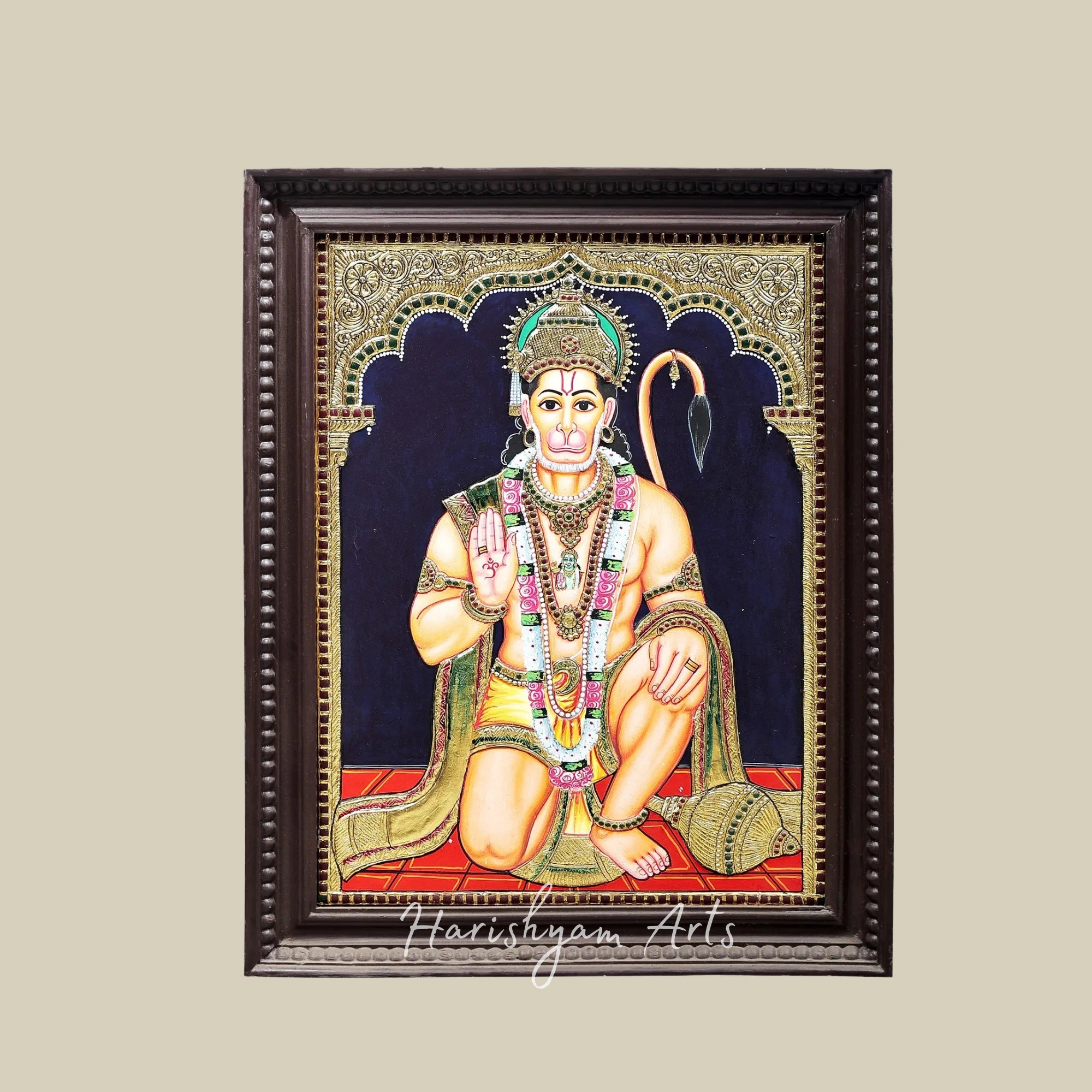 27" Graceful Lord Hanuman Tanjore Painting with Teak Wood Frame