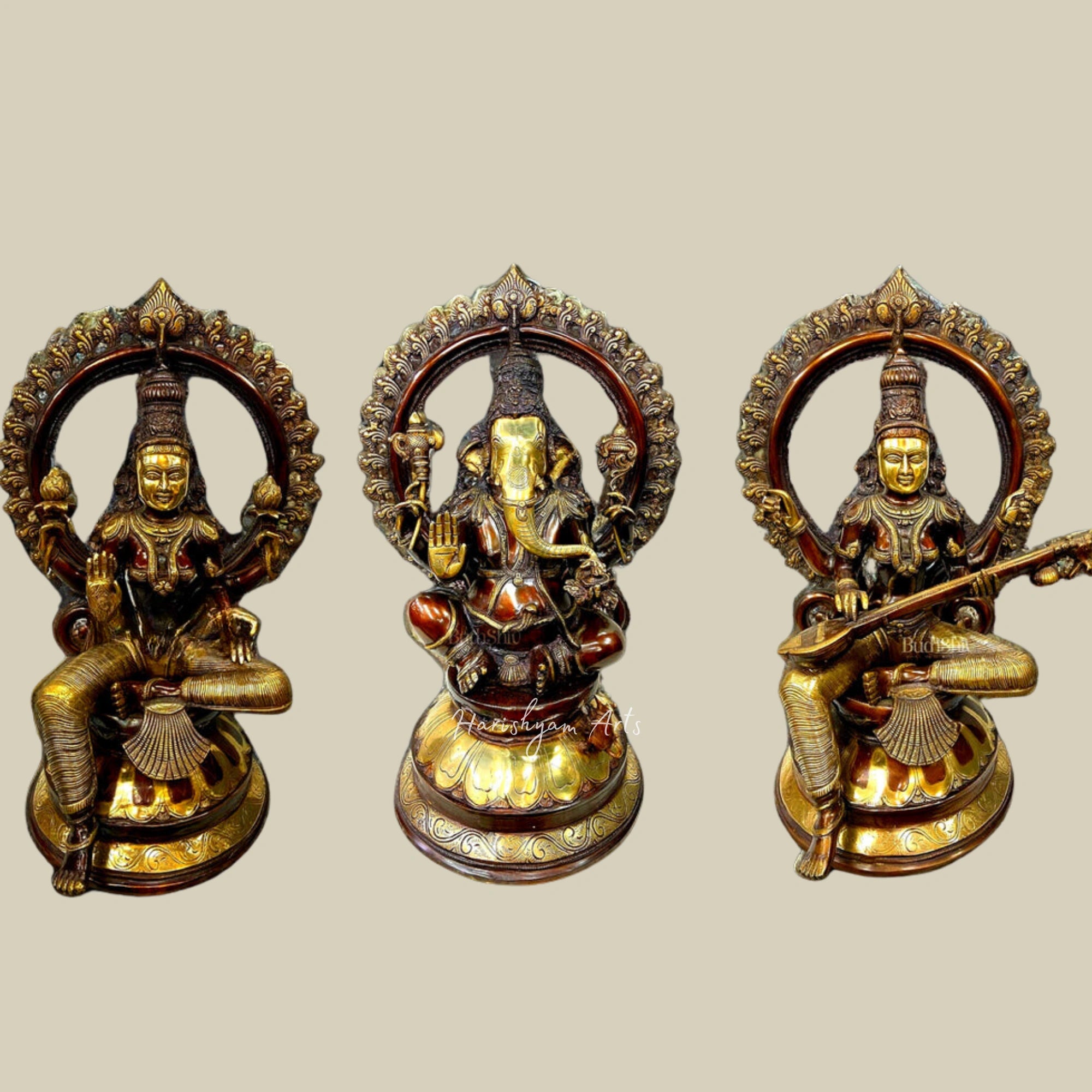 27" Ornate Brass Ganapati, Lakshmi, Saraswati Idol Set with Decorative Arch