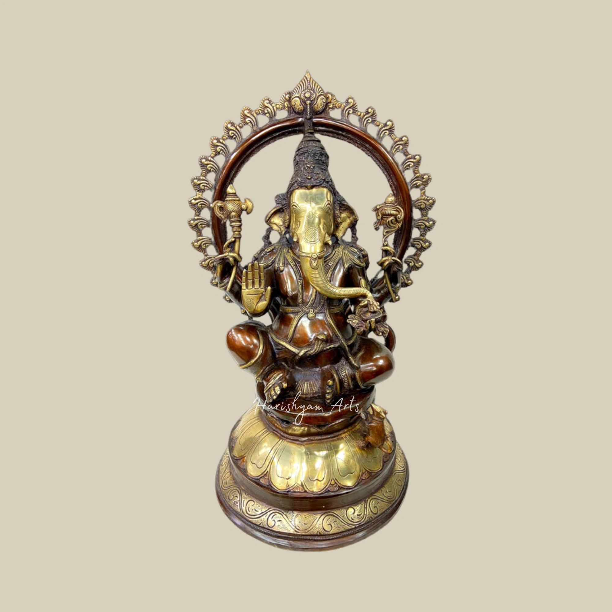 27" Ornate Brass Ganapati, Lakshmi, Saraswati Idol Set with Decorative Arch1