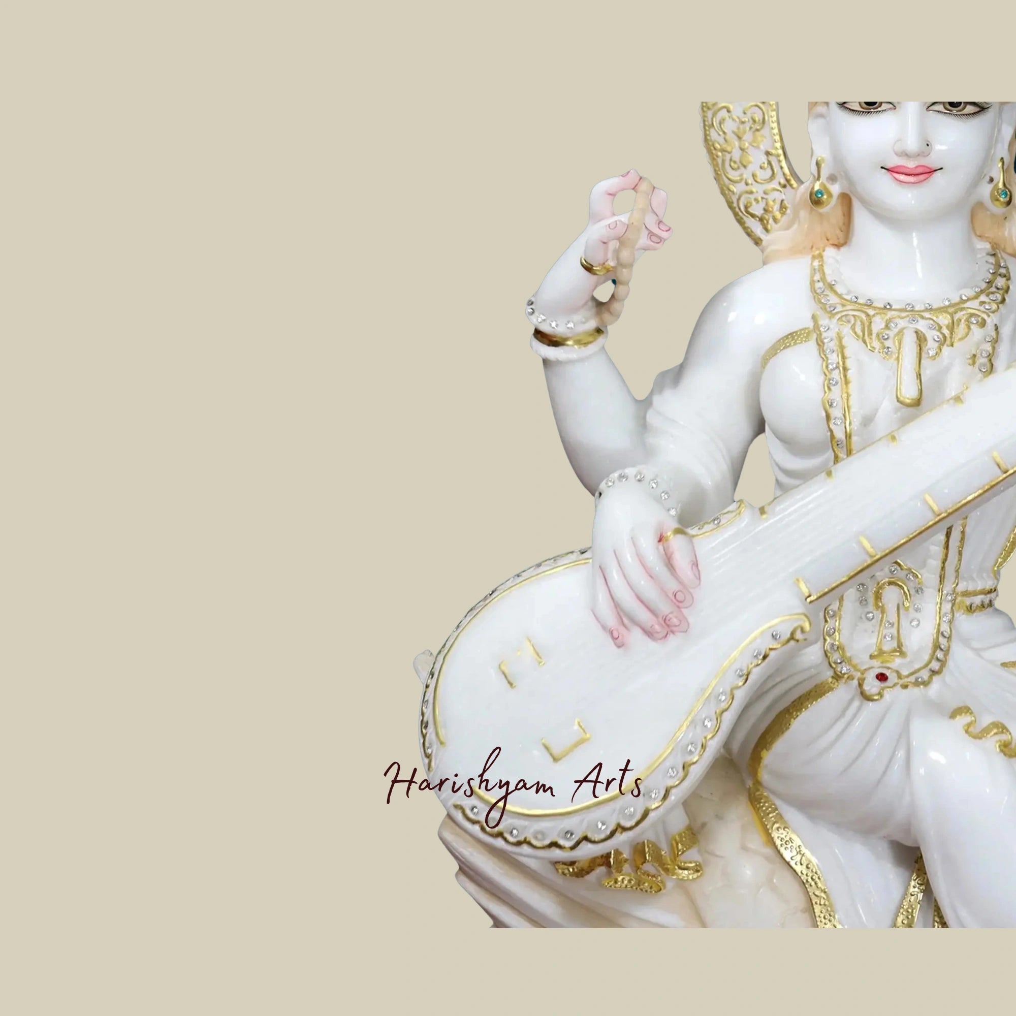 27" Veena Playing Goddess Saraswati Statue White Vietnam Marble Masterpiece