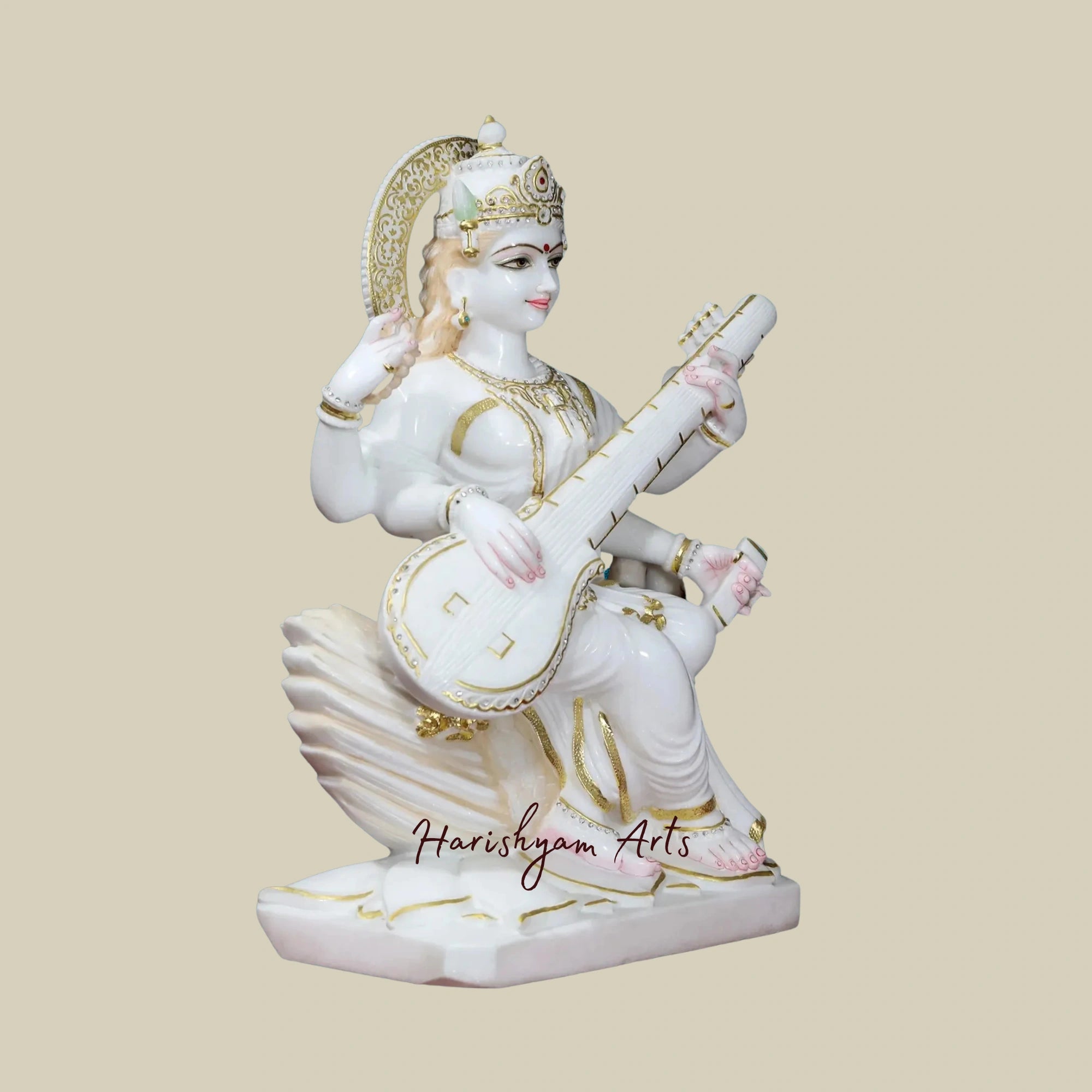 27" Veena Playing Goddess Saraswati Statue White Vietnam Marble Masterpiece3