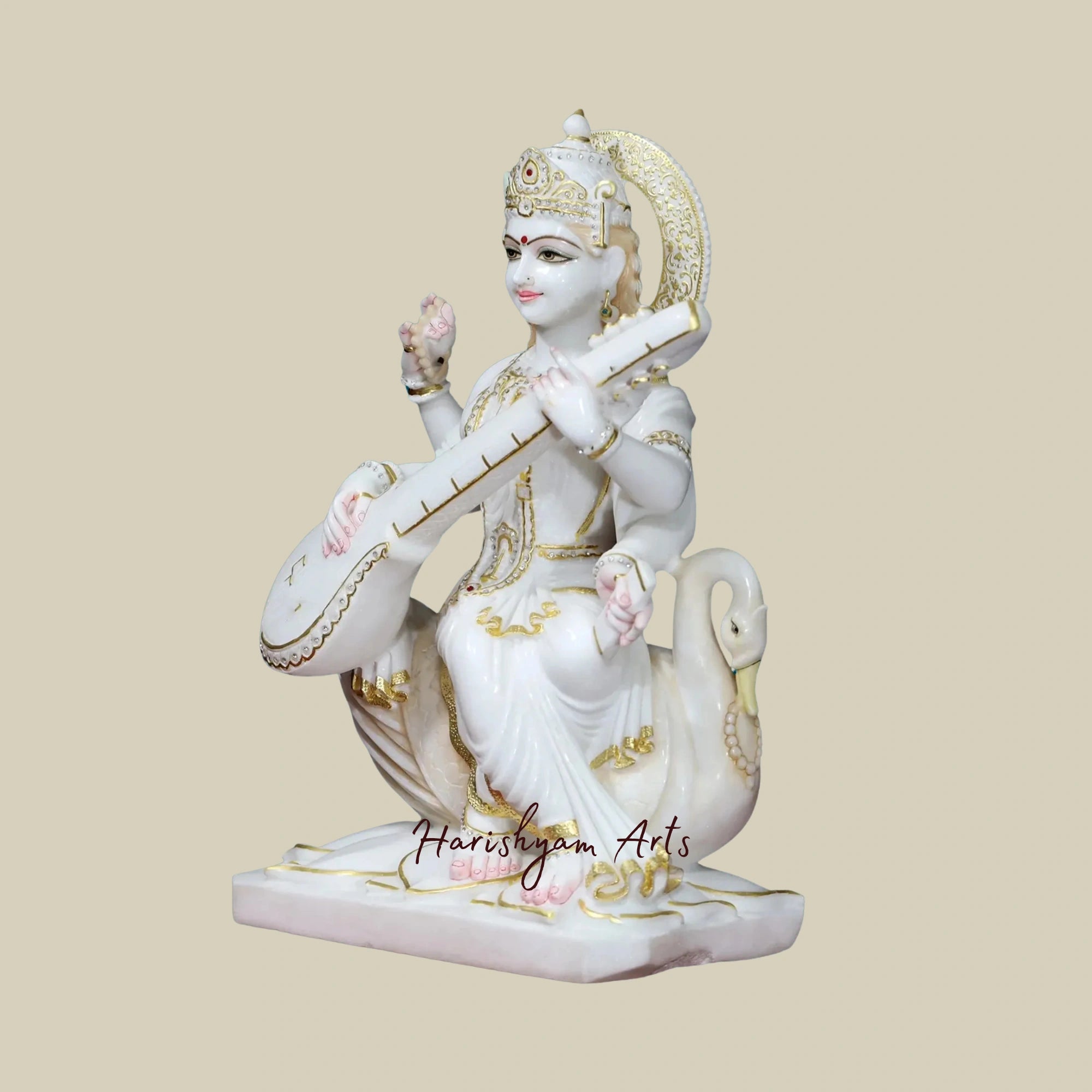 27" Veena Playing Goddess Saraswati Statue White Vietnam Marble Masterpiece4