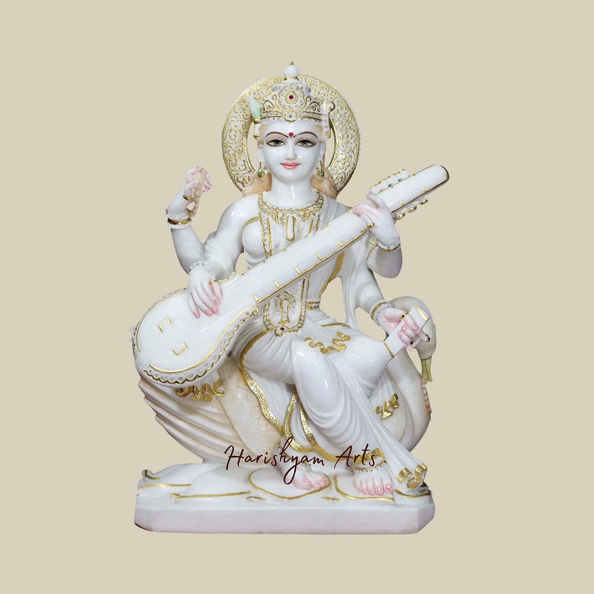 27" Veena Playing Goddess Saraswati Statue White Vietnam Marble Masterpiece5