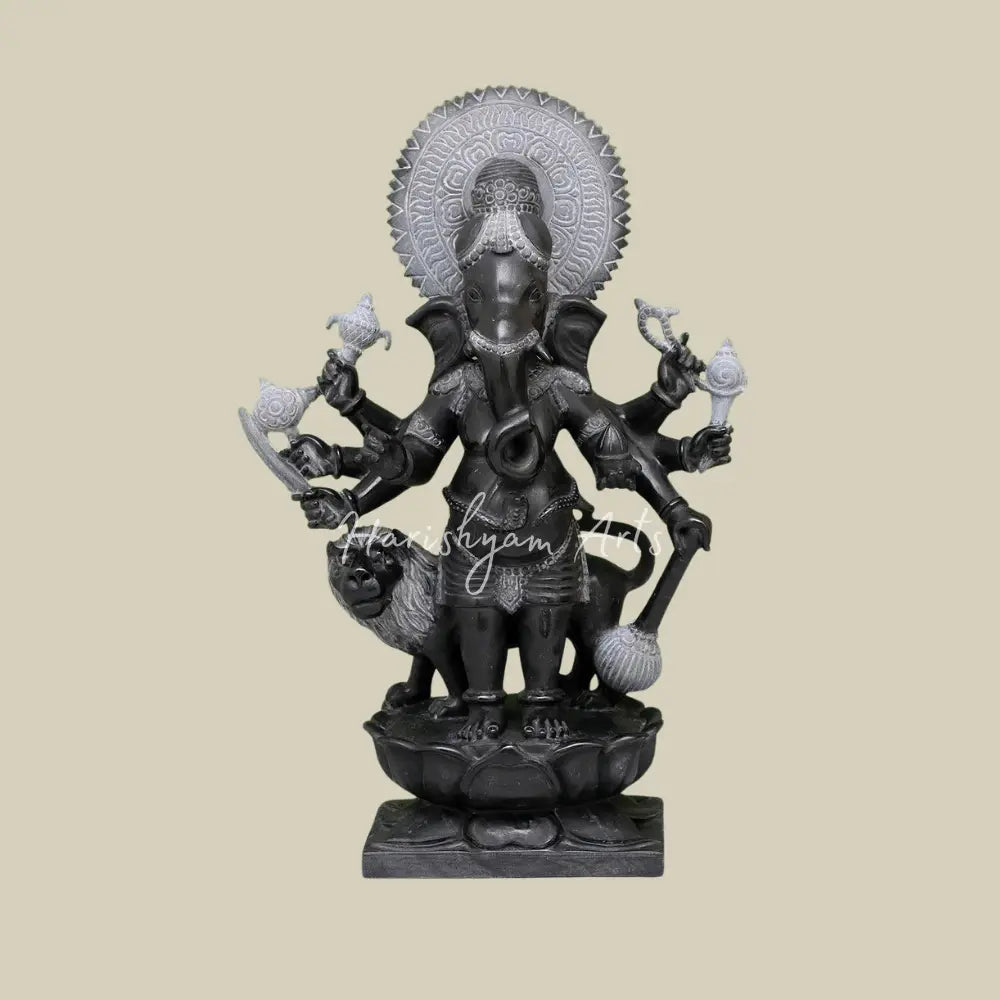 27" Eight Armed Standing Black Marble Ganesha Statue