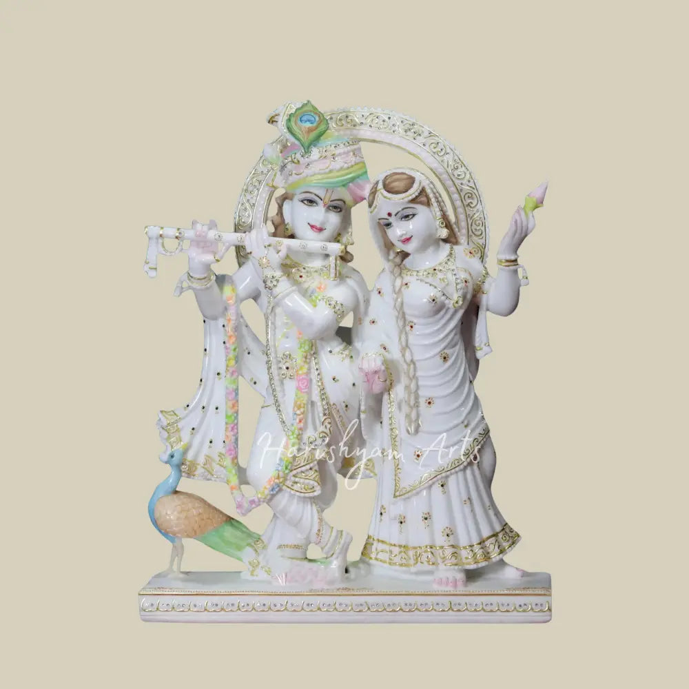 27" White Vietnam Marble Radha and Krishan with turban Statue