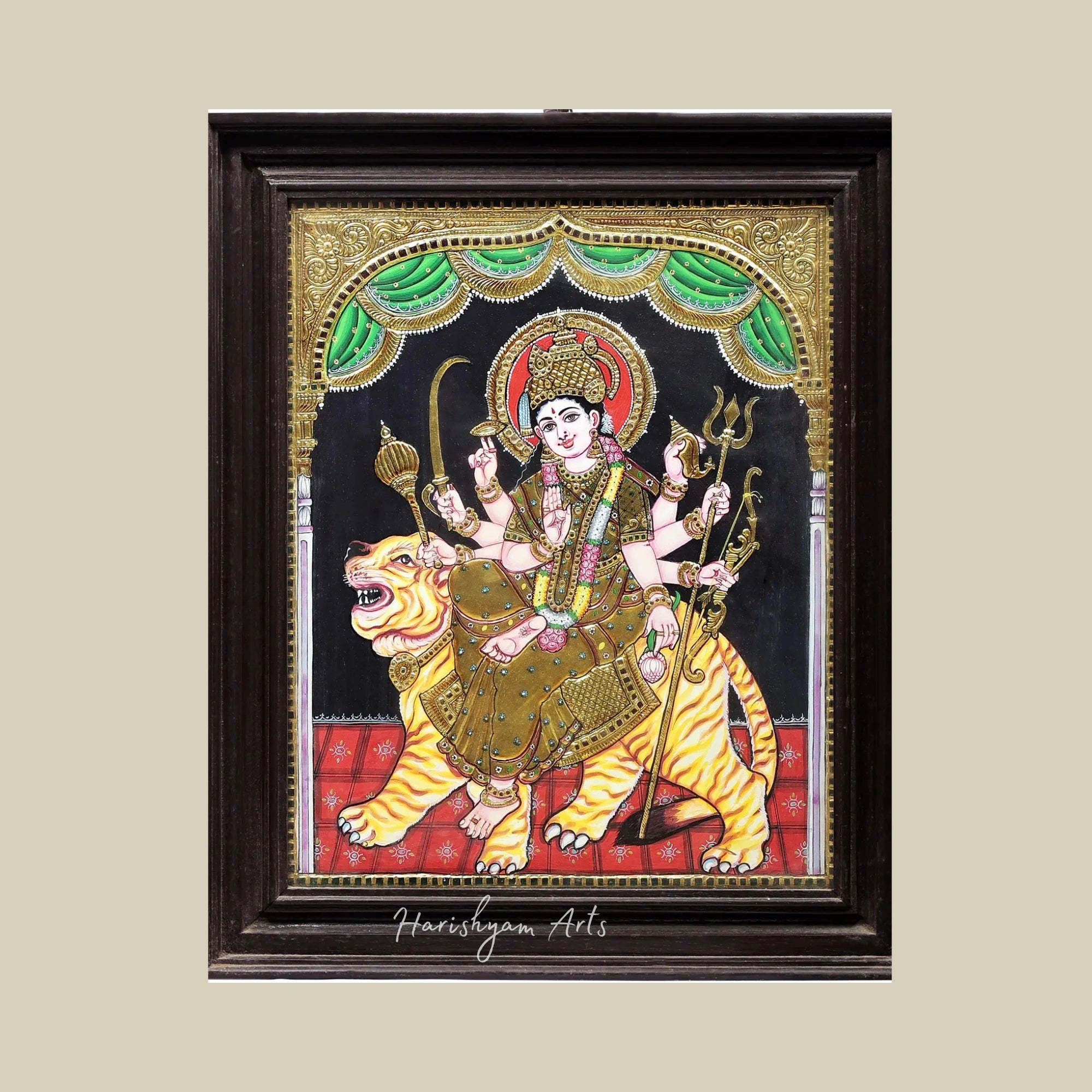 28" Ashtabhuja Durga Tanjore Painting with 24K Gold Detailing and Teakwood Frame