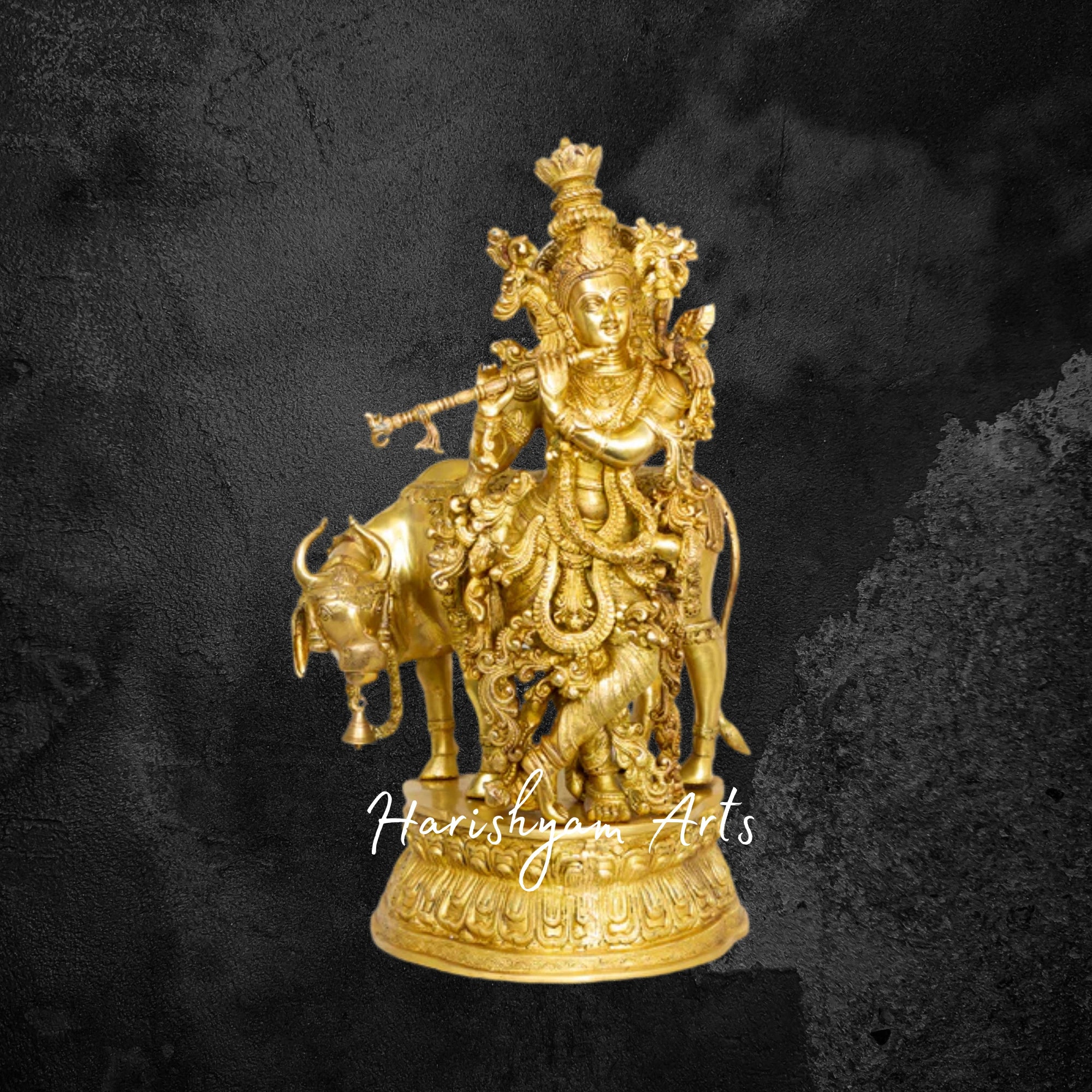 28" Exquisite Brass Sri Krishna with Cow Masterfully Crafted