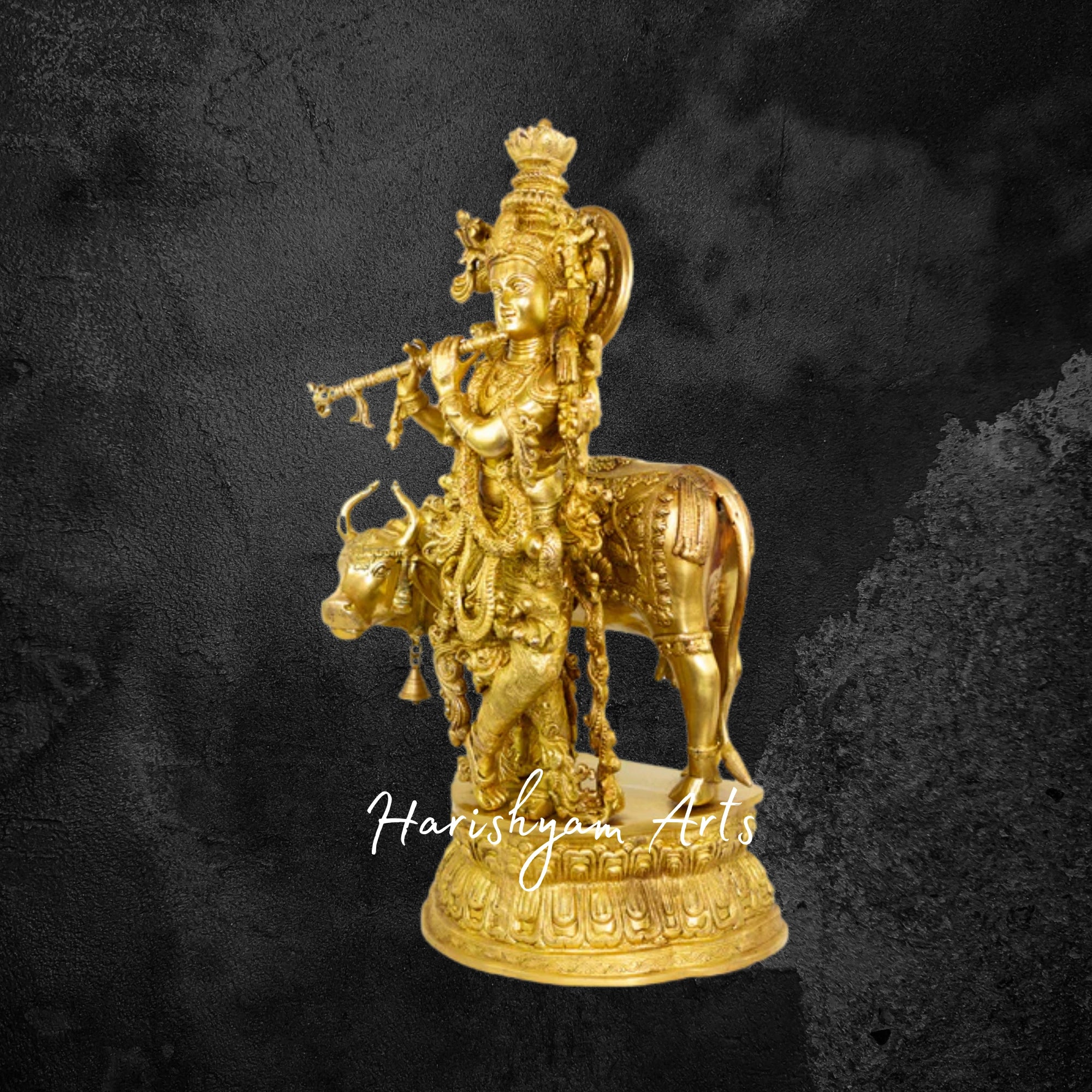 28" Exquisite Brass Sri Krishna with Cow Masterfully Crafted