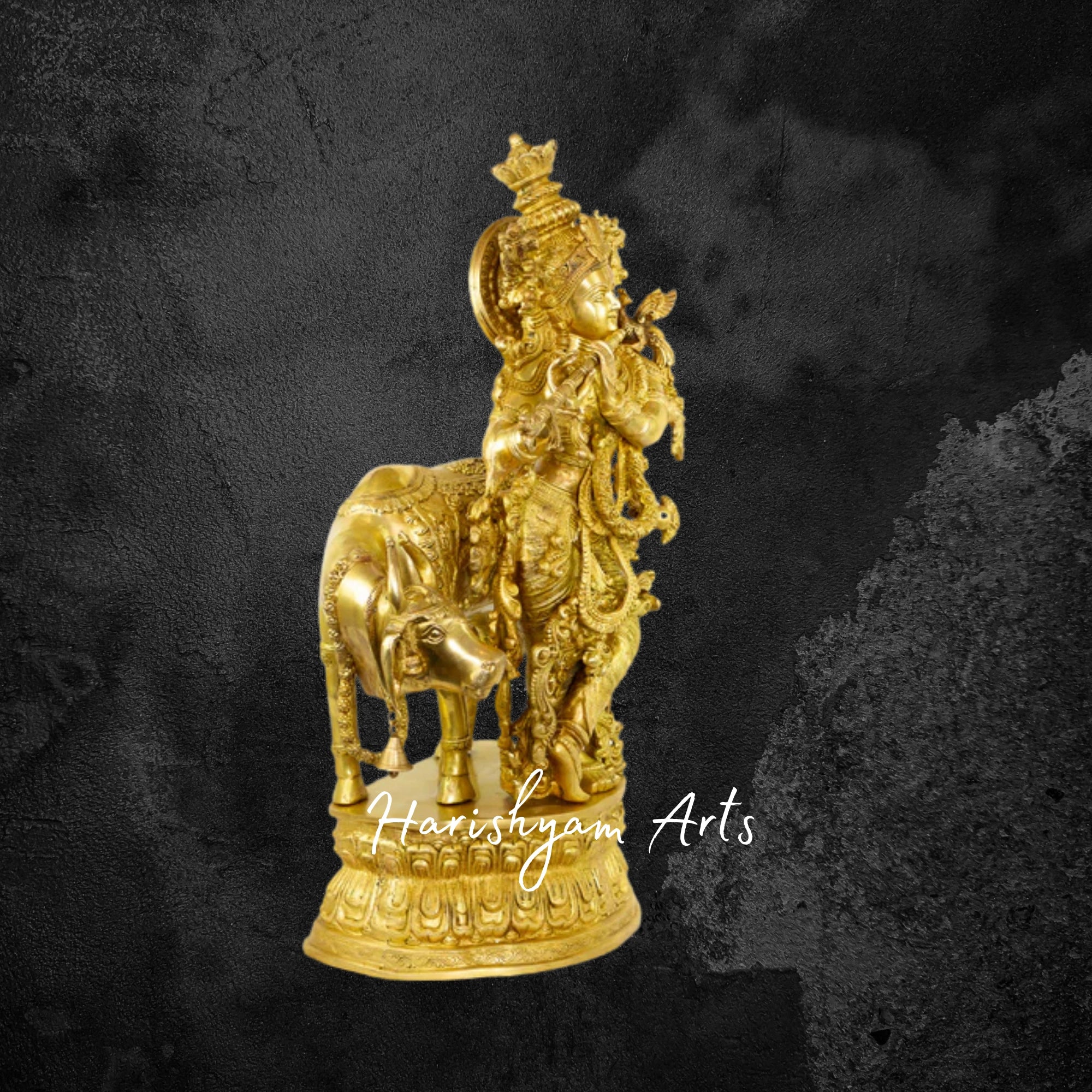 28" Exquisite Brass Sri Krishna with Cow Masterfully Crafted