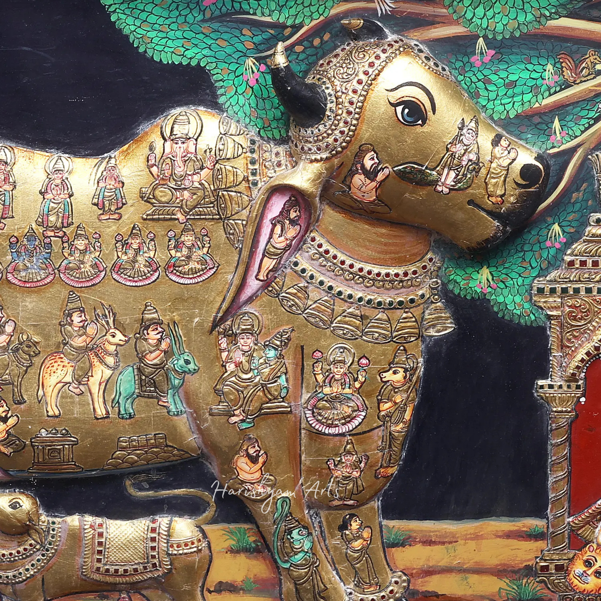 28" Kashyapa Worshipping the Divine Kamadhenu Cow - Tanjore Painting Masterpiece2