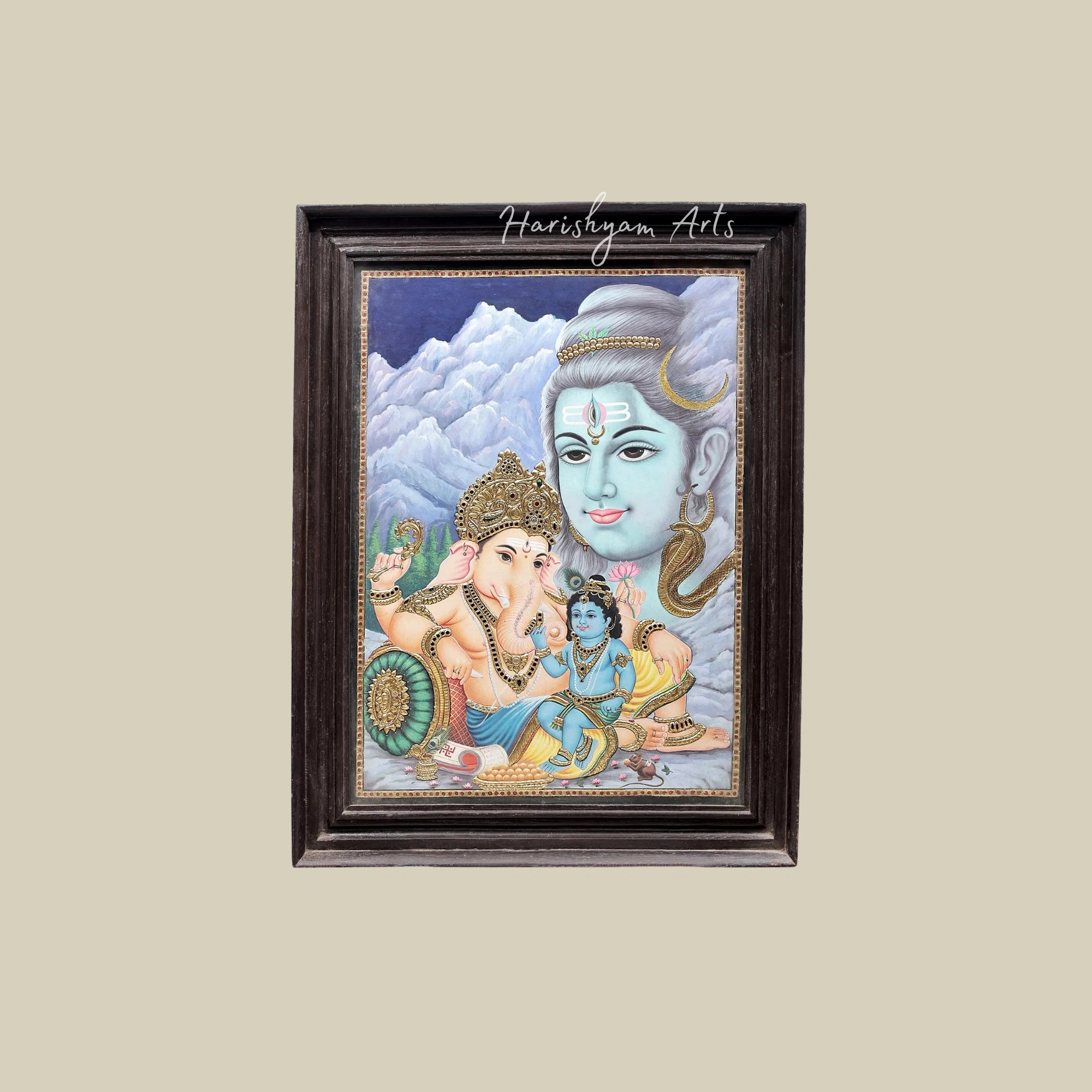 28" Krishna Sitting on Ganesha’s Lap in Shiva’s Abode Tanjore Painting
