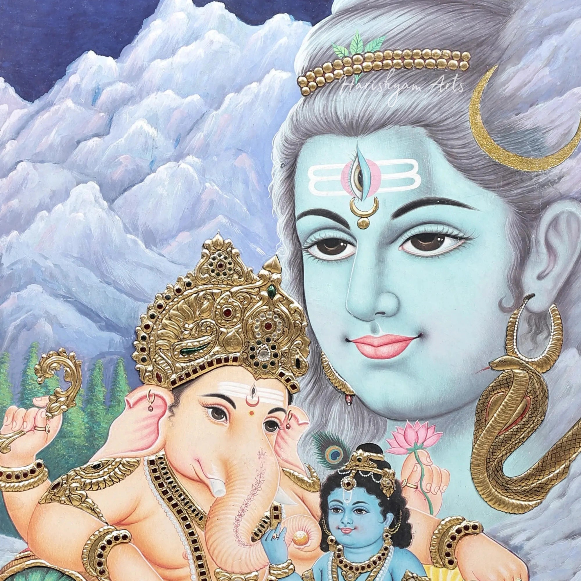 28" Krishna Sitting on Ganesha’s Lap in Shiva’s Abode Tanjore Painting