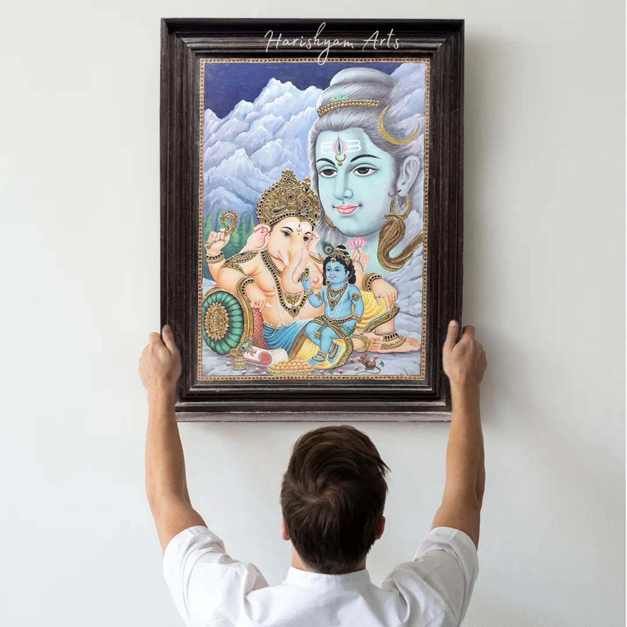 28" Krishna Sitting on Ganesha’s Lap in Shiva’s Abode Tanjore Painting