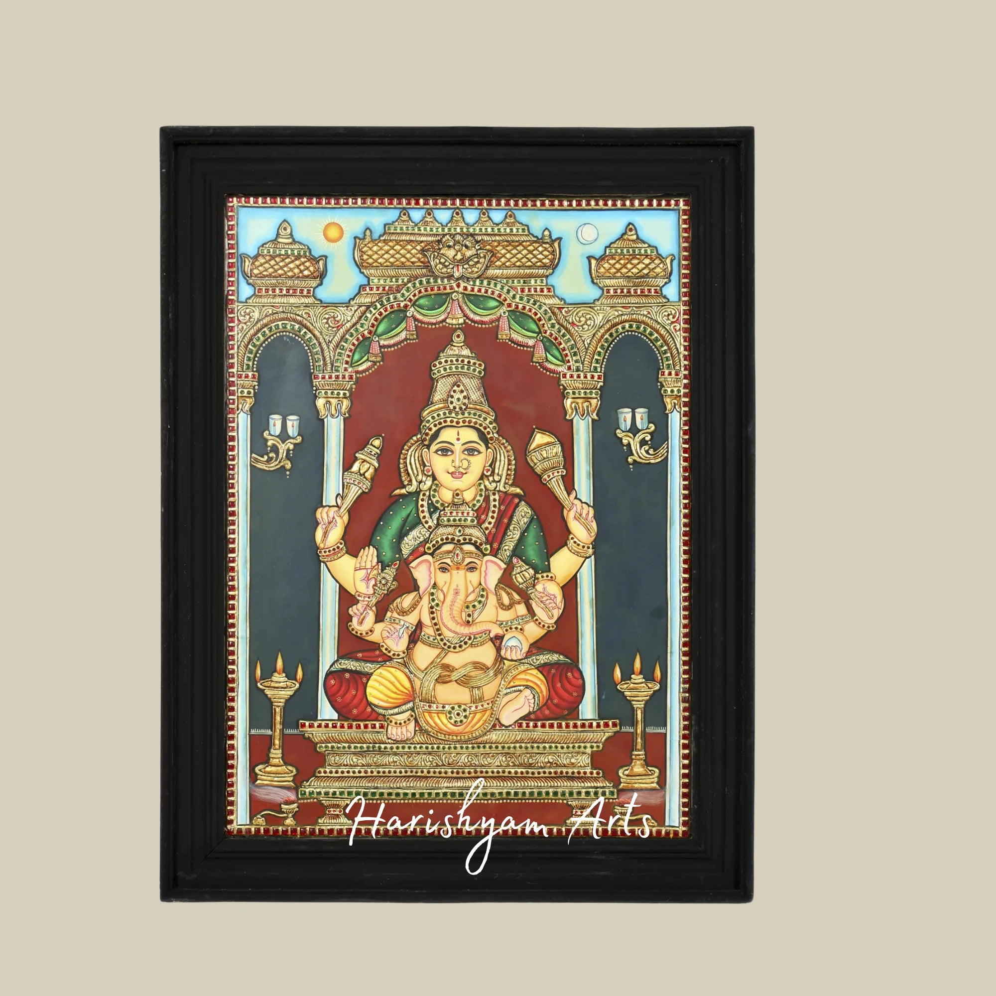 28" Lord Ganesha Tanjore Painting with Devi Lakshmi in Vibrant Colors