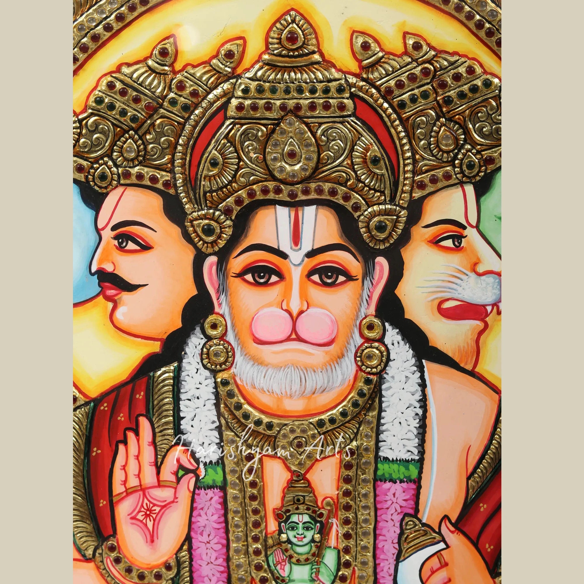 28" Sacred Panchamukhi Hanuman Tanjore Painting with Fine Detailing