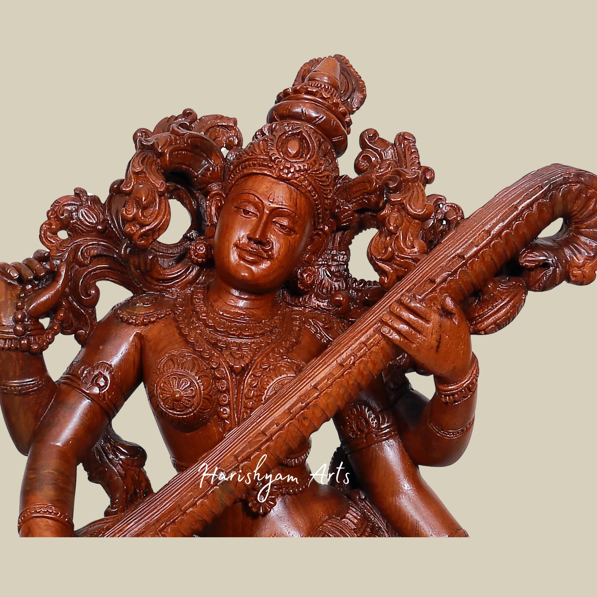 28" Teakwood Saraswati Maa Carved Statue1