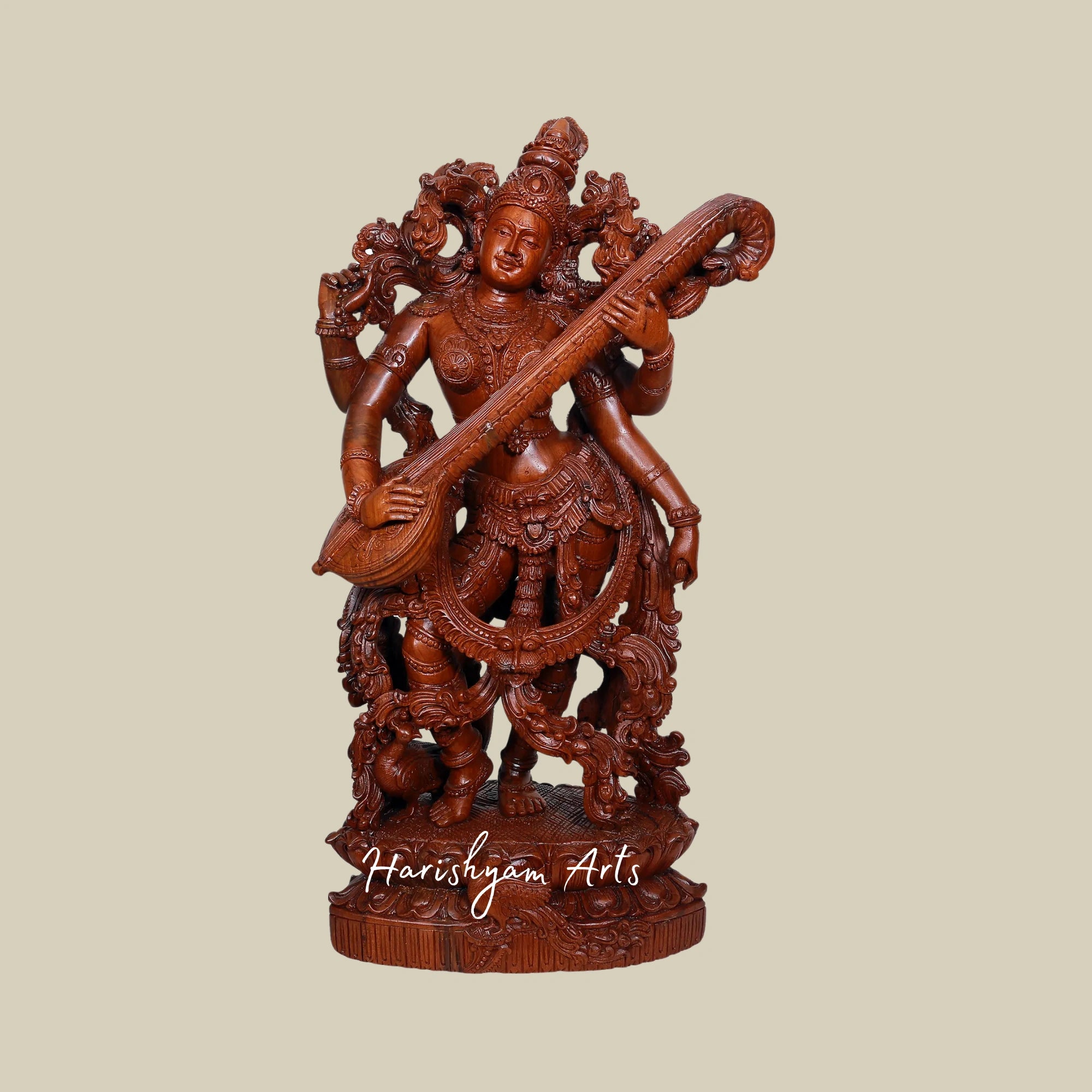 28" Teakwood Saraswati Maa Carved Statue2