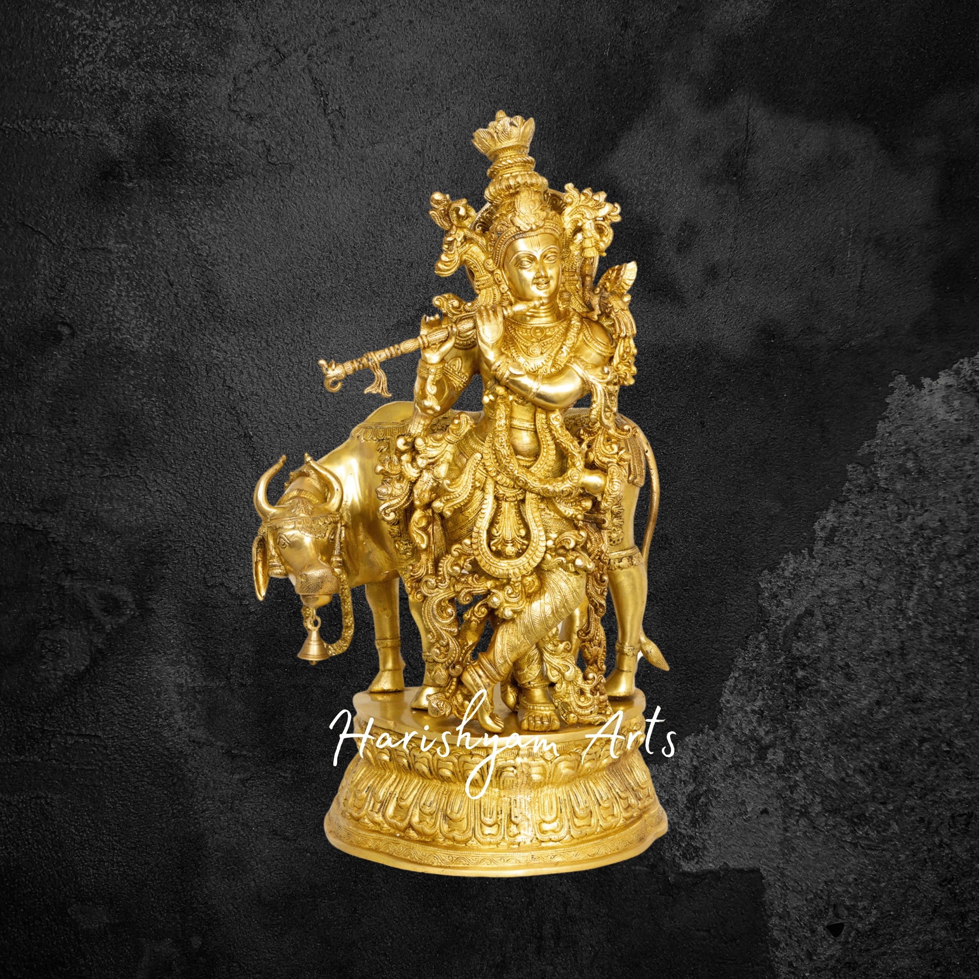 28" Traditional Brass Krishna with Cow Idol for Home Temple