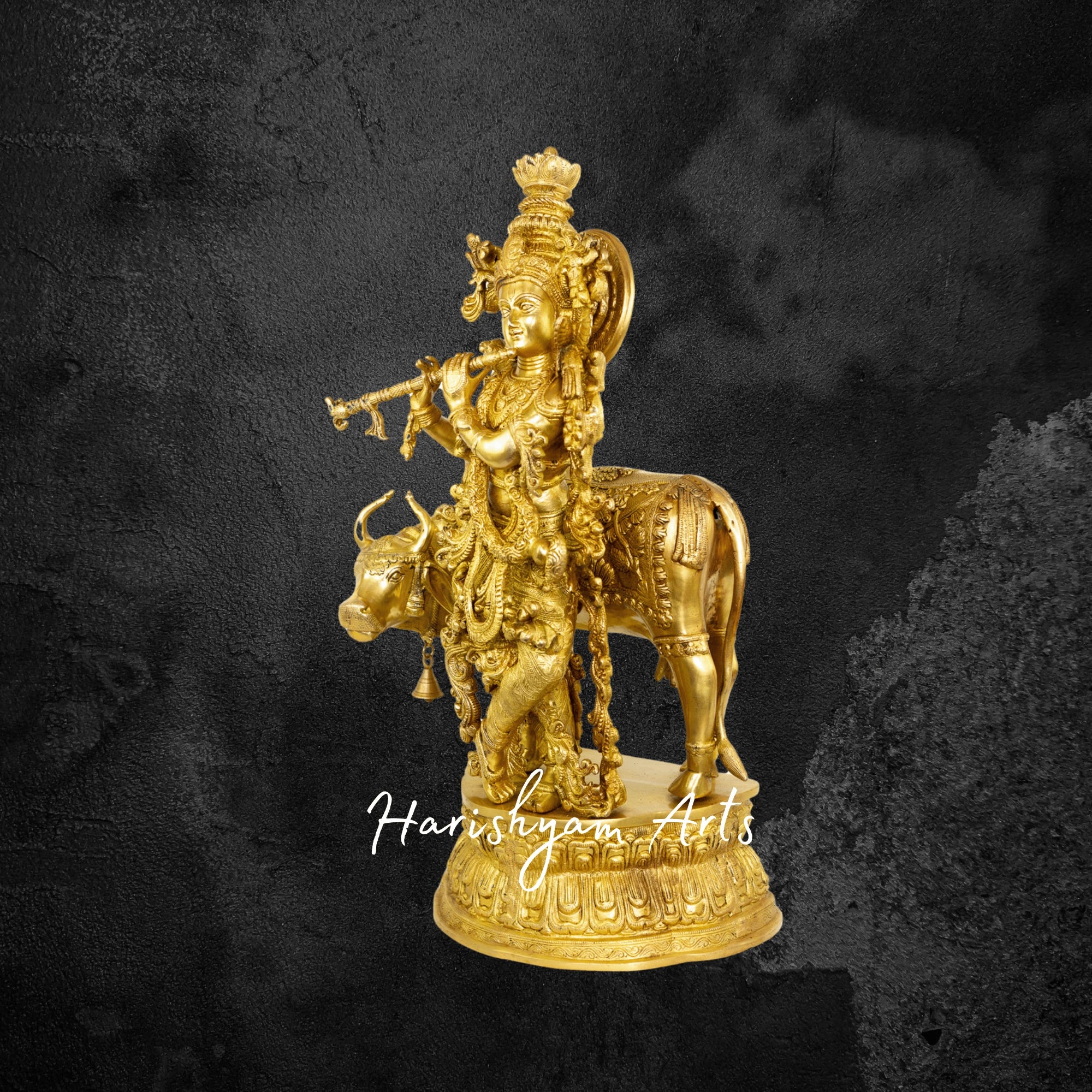 28" Traditional Brass Krishna with Cow Idol for Home Temple
