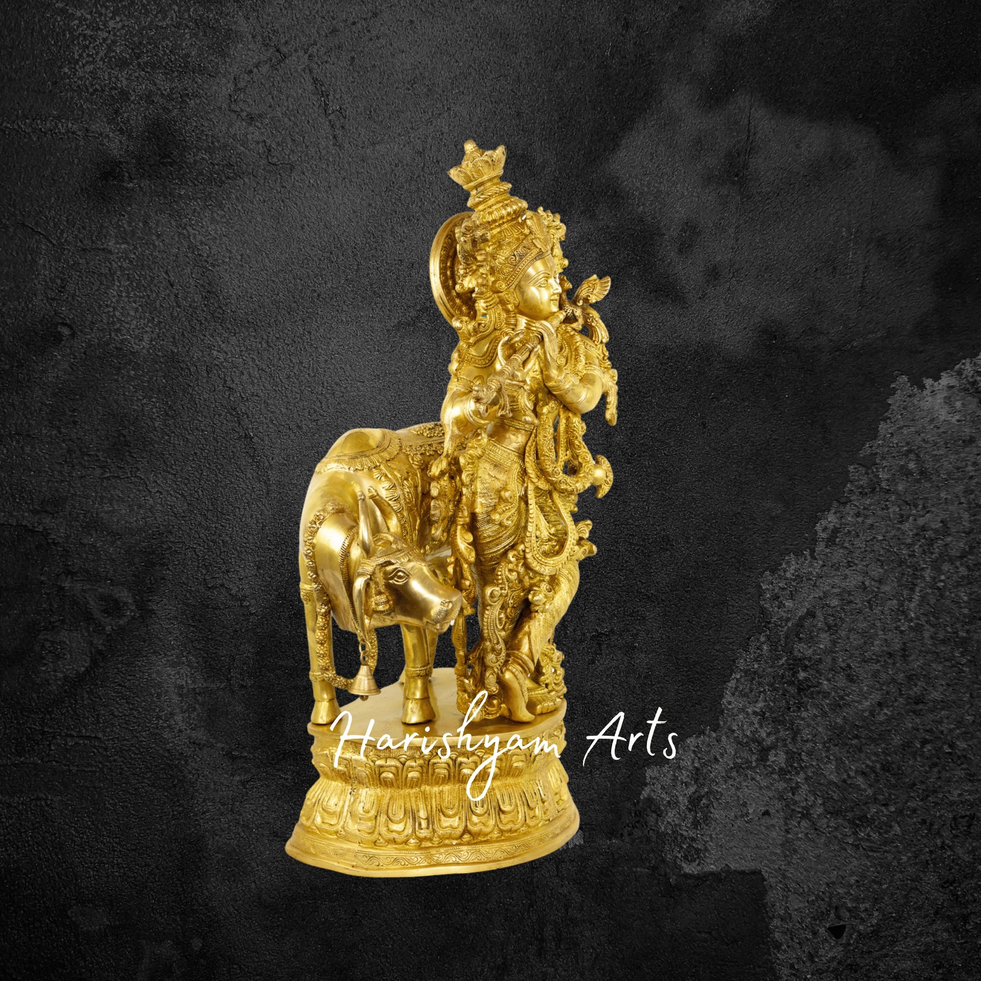 28" Traditional Brass Krishna with Cow Idol for Home Temple
