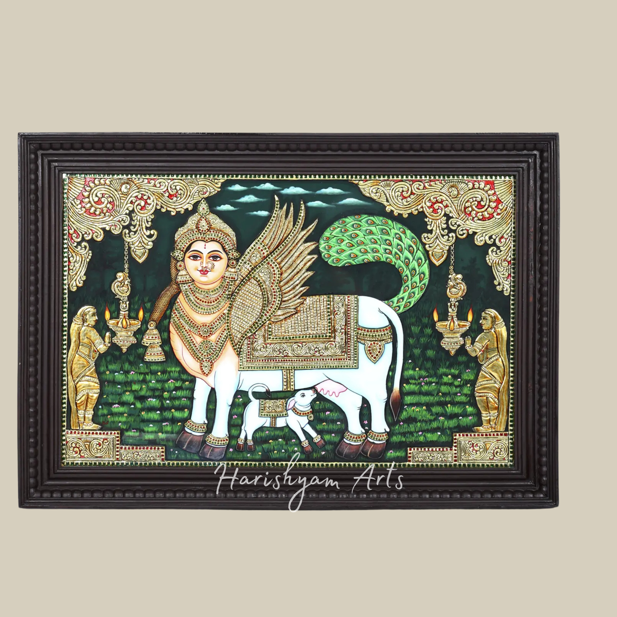 29" Framed Tanjore Art of Kamadhenu Cow with Calf - A Symbol of Divinity