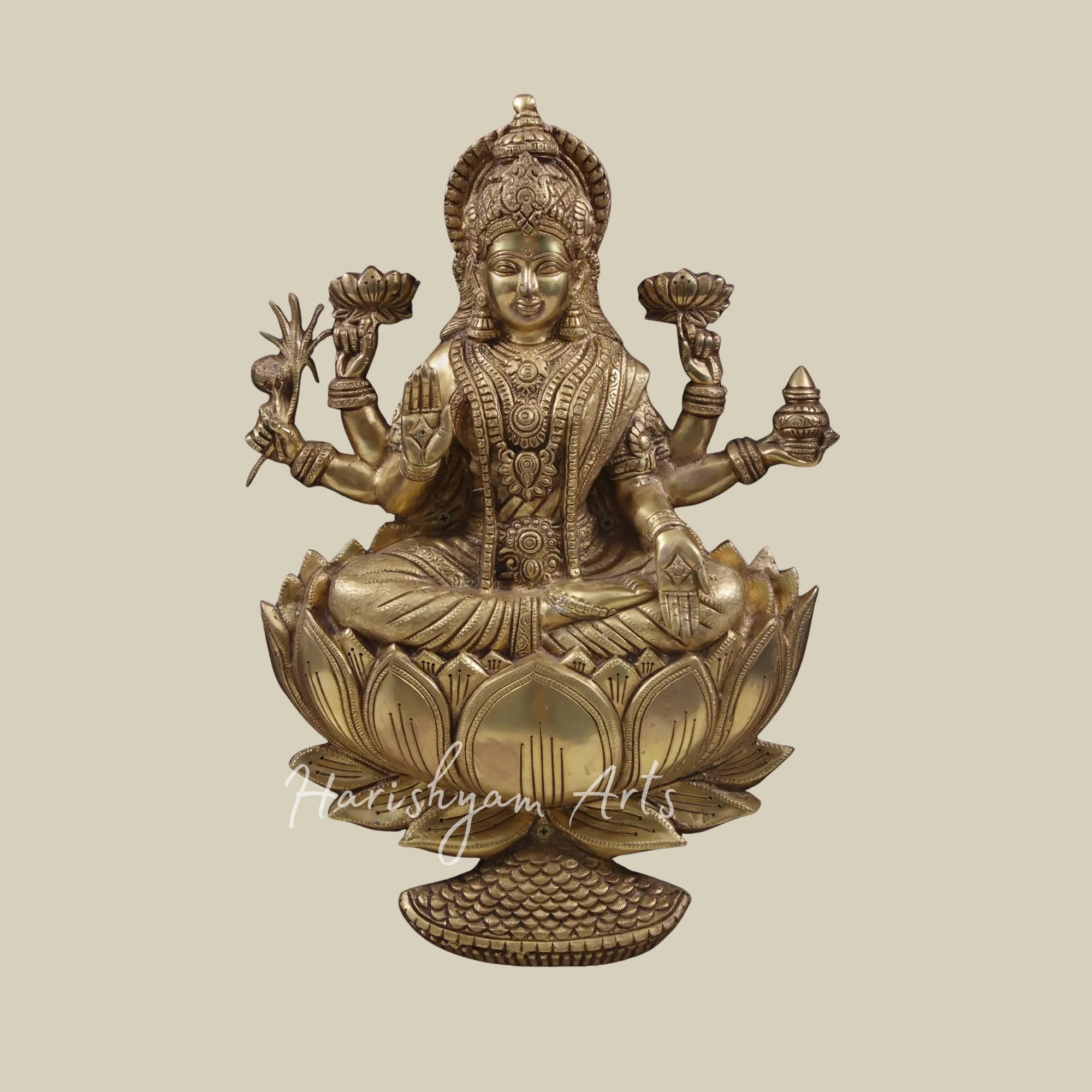 29" Goddess Dhanalakshmi Brass Wall Art Seated on Lotus with Handcrafted Wooden Frame