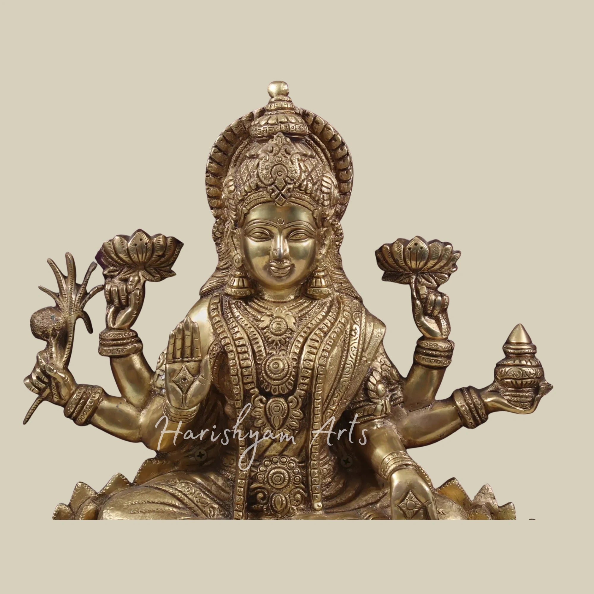 29" Goddess Dhanalakshmi Brass Wall Art Seated on Lotus with Handcrafted Wooden Frame
