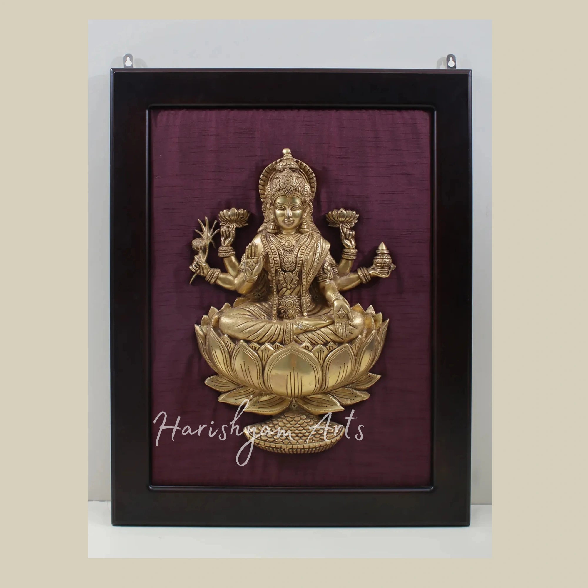 29" Goddess Dhanalakshmi Brass Wall Art Seated on Lotus with Handcrafted Wooden Frame