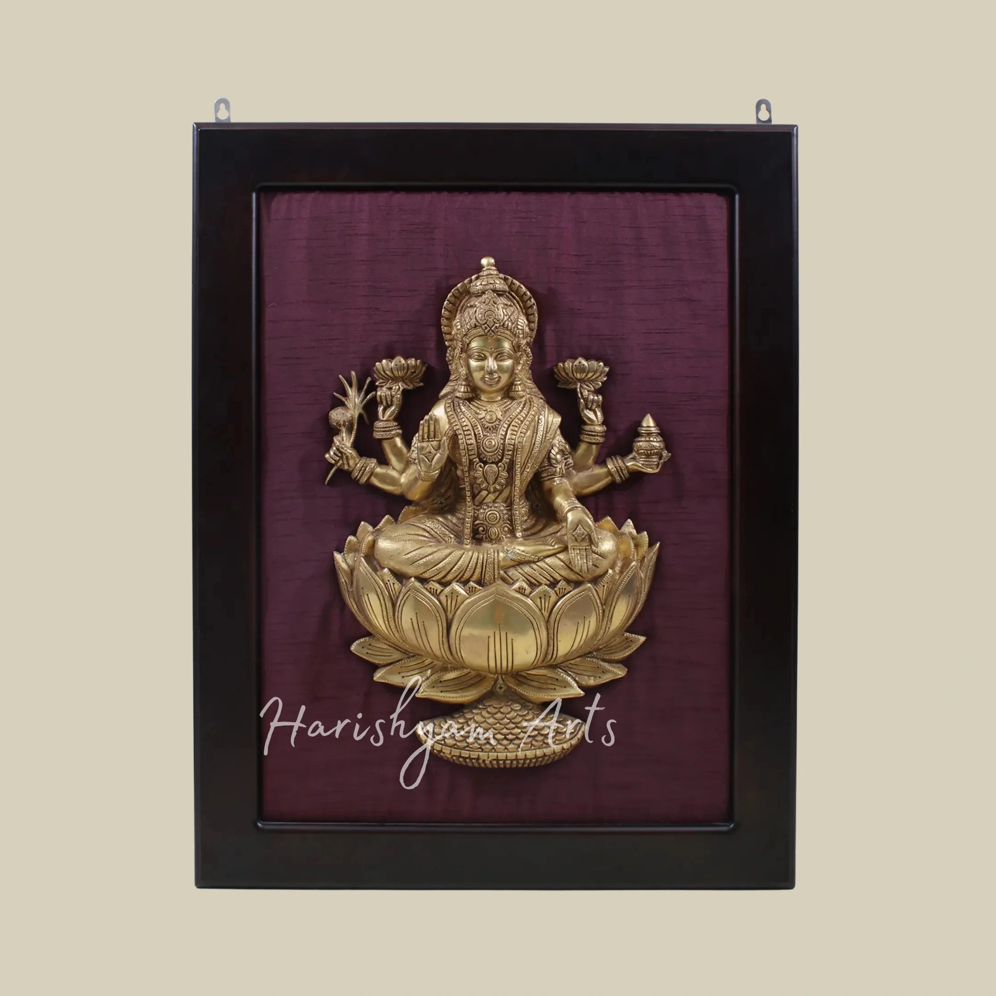 29" Goddess Dhanalakshmi Brass Wall Art Seated on Lotus with Handcrafted Wooden Frame