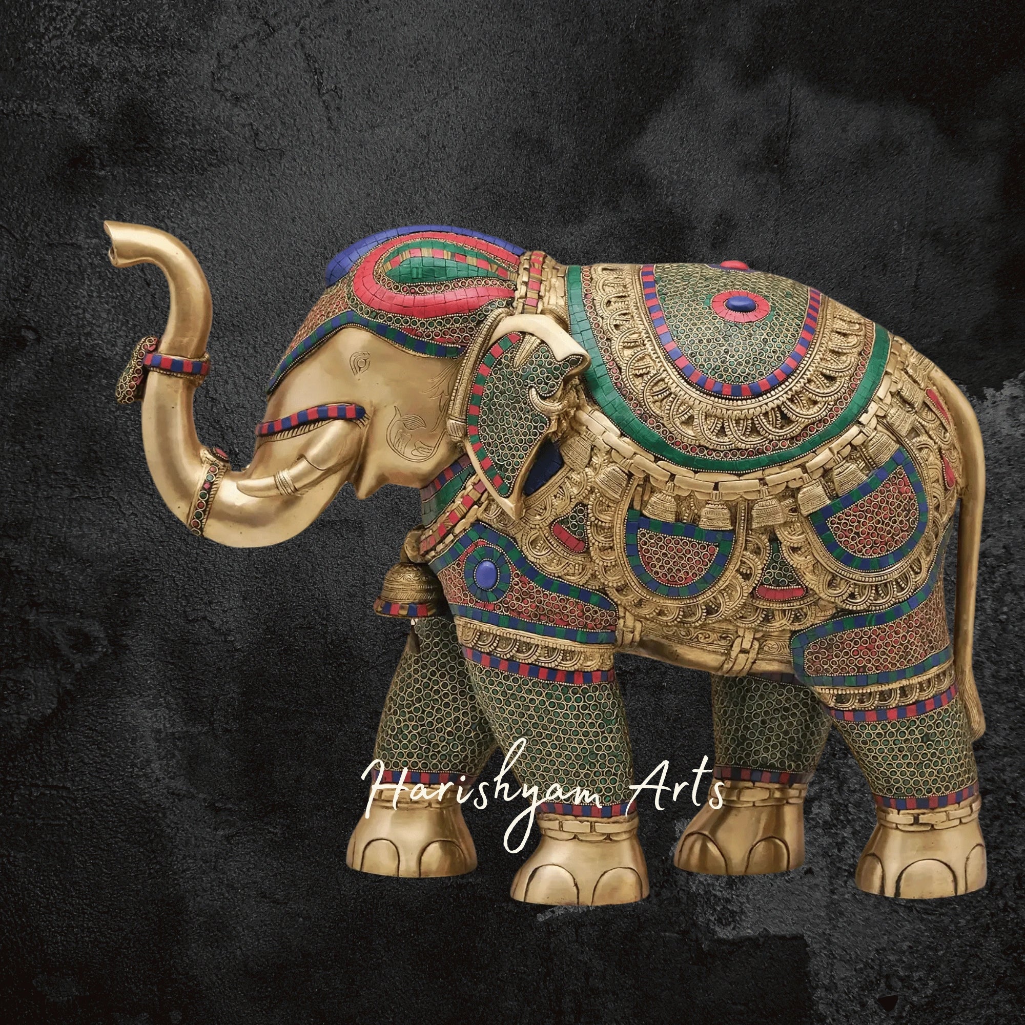 29" Handmade Brass Elephant Statue with Exquisite Inlay Artwork