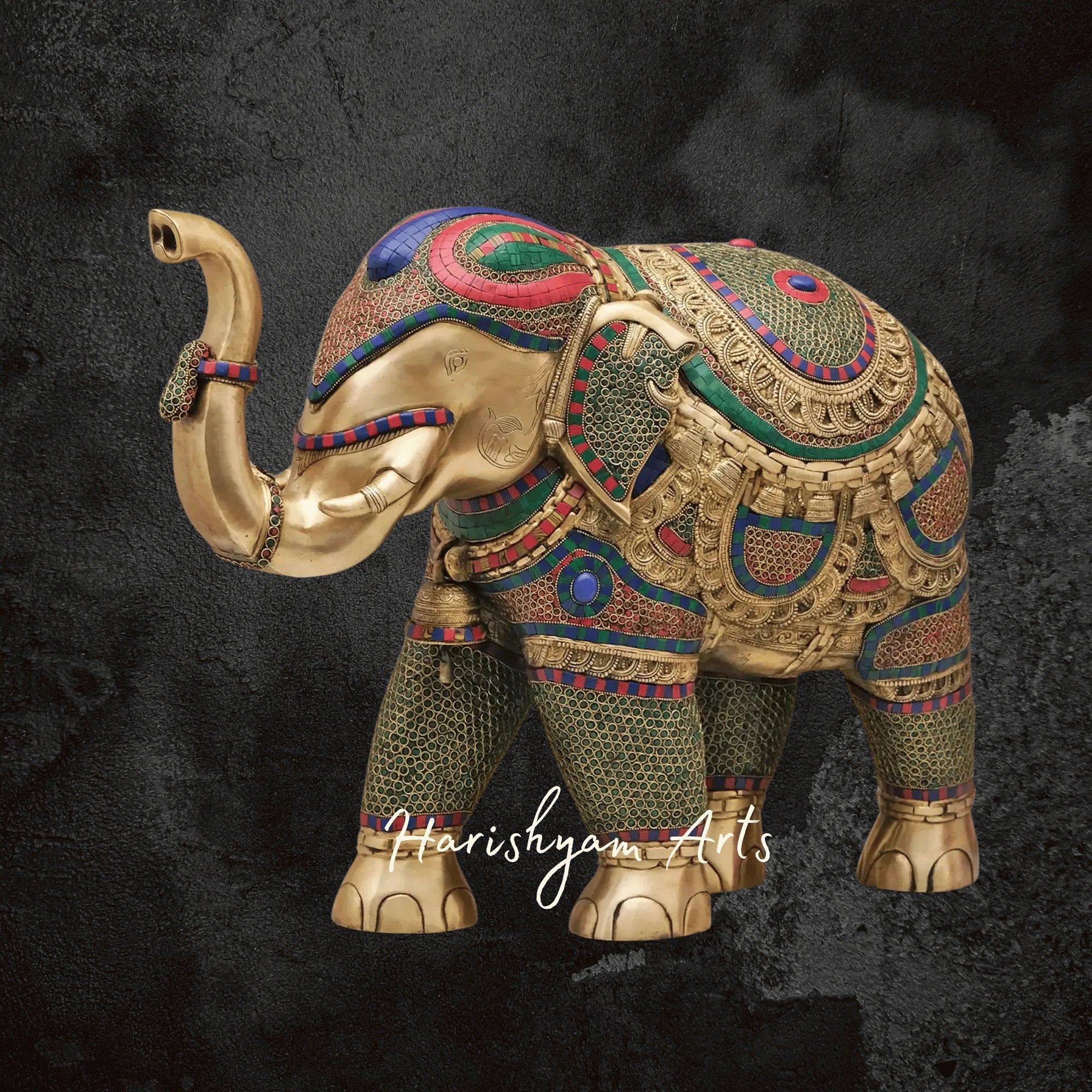 29" Handmade Brass Elephant Statue with Exquisite Inlay Artwork