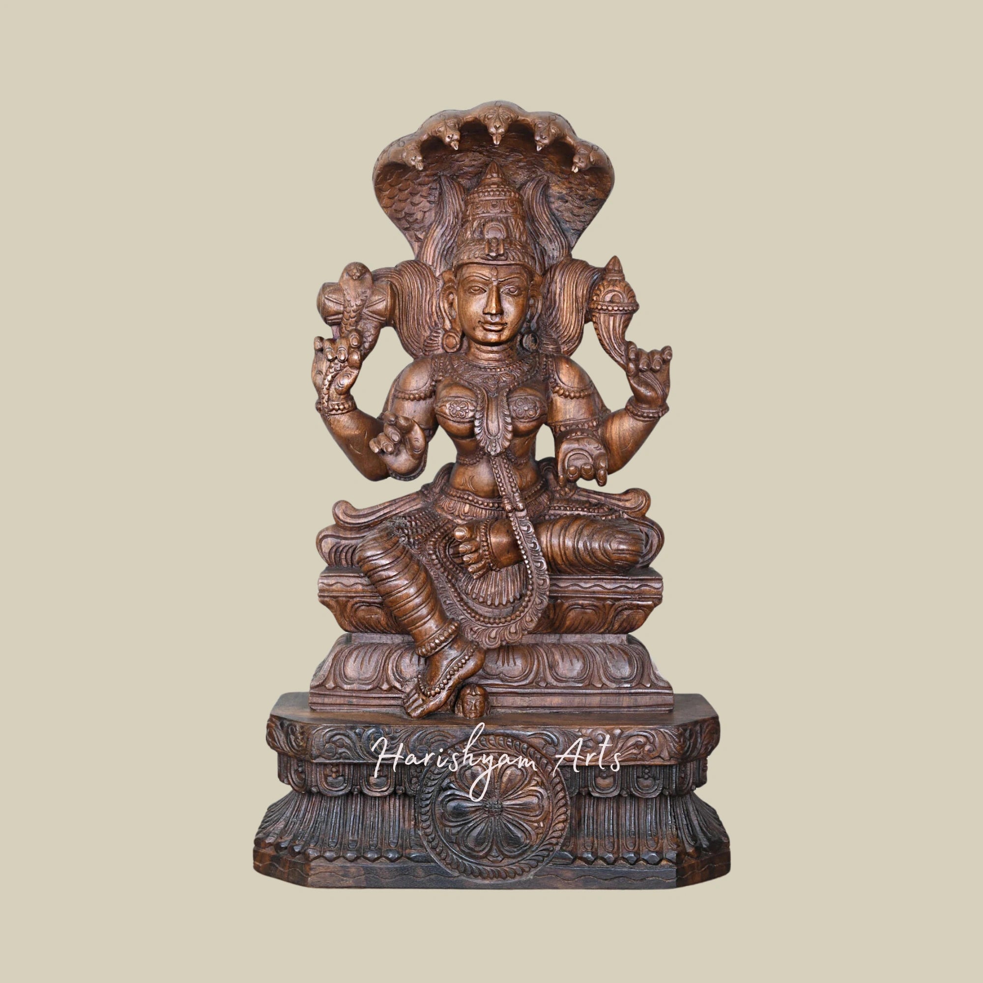 30.5" Naga Rani Shri Vasuki Amman with Damaru Drum Handmade Wooden Goddess Statue for Home Decor