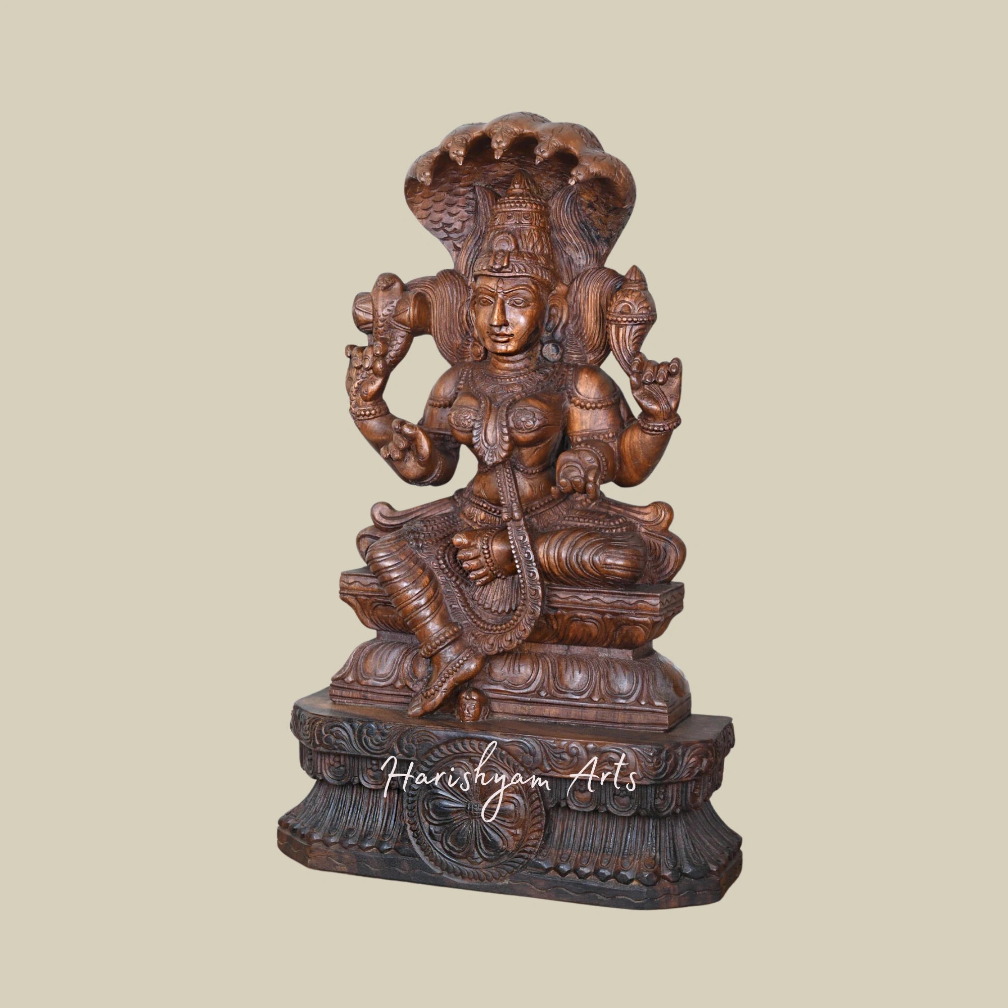 30.5" Naga Rani Shri Vasuki Amman with Damaru Drum Handmade Wooden Goddess Statue for Home Decor2