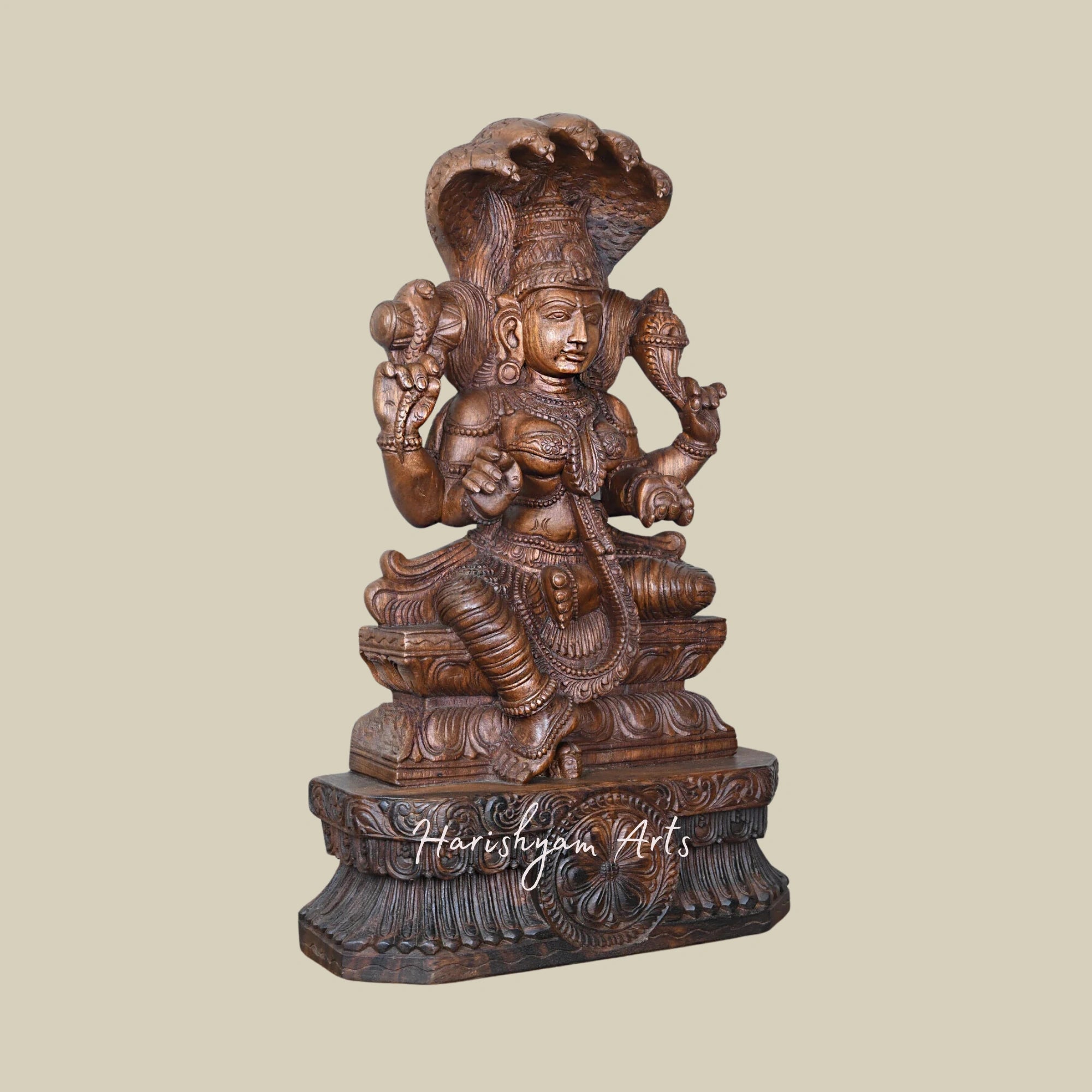 30.5" Naga Rani Shri Vasuki Amman with Damaru Drum Handmade Wooden Goddess Statue for Home Decor3