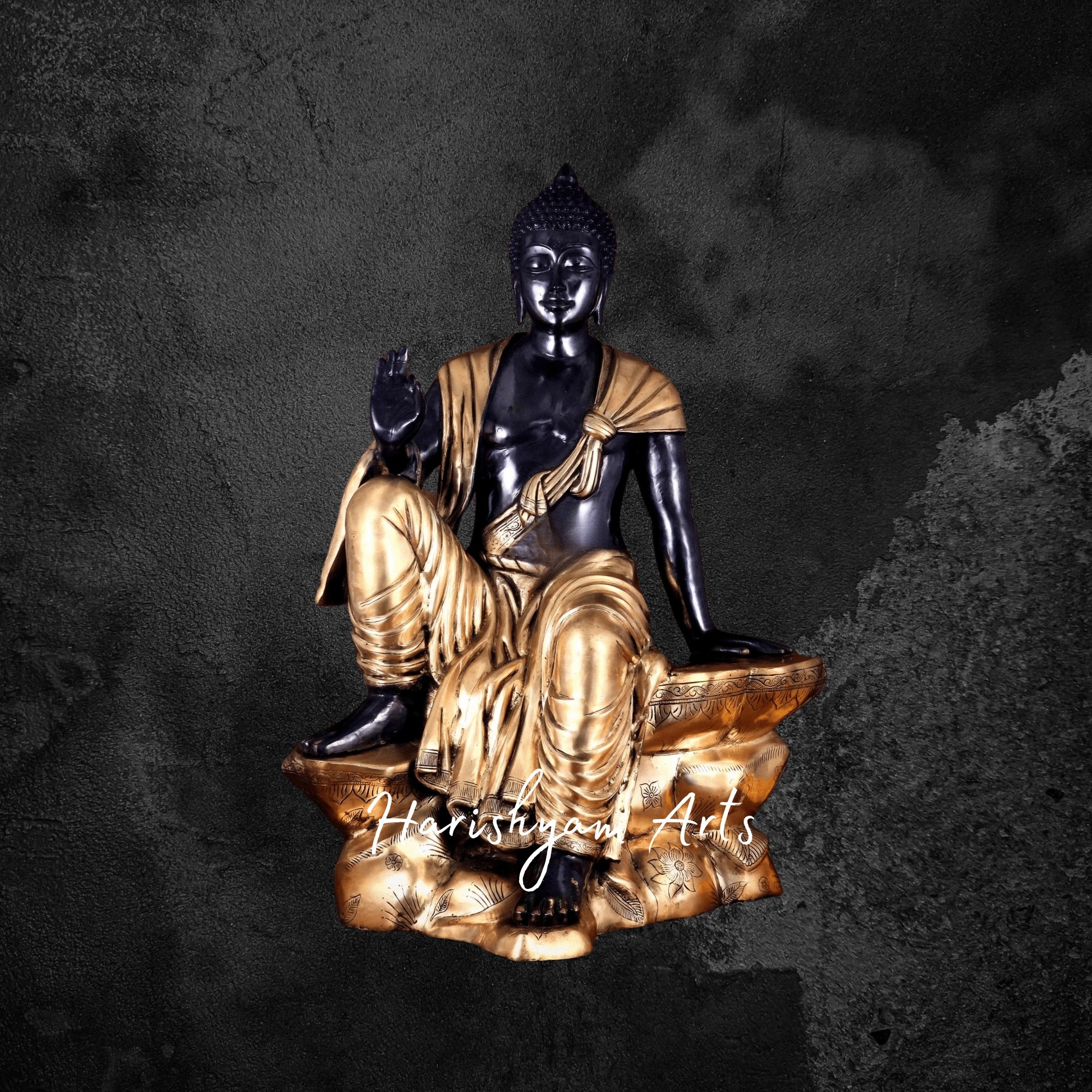 30" Antique Brass Buddha Idol Large Sitting Buddha with Black Heat Treated Finish
