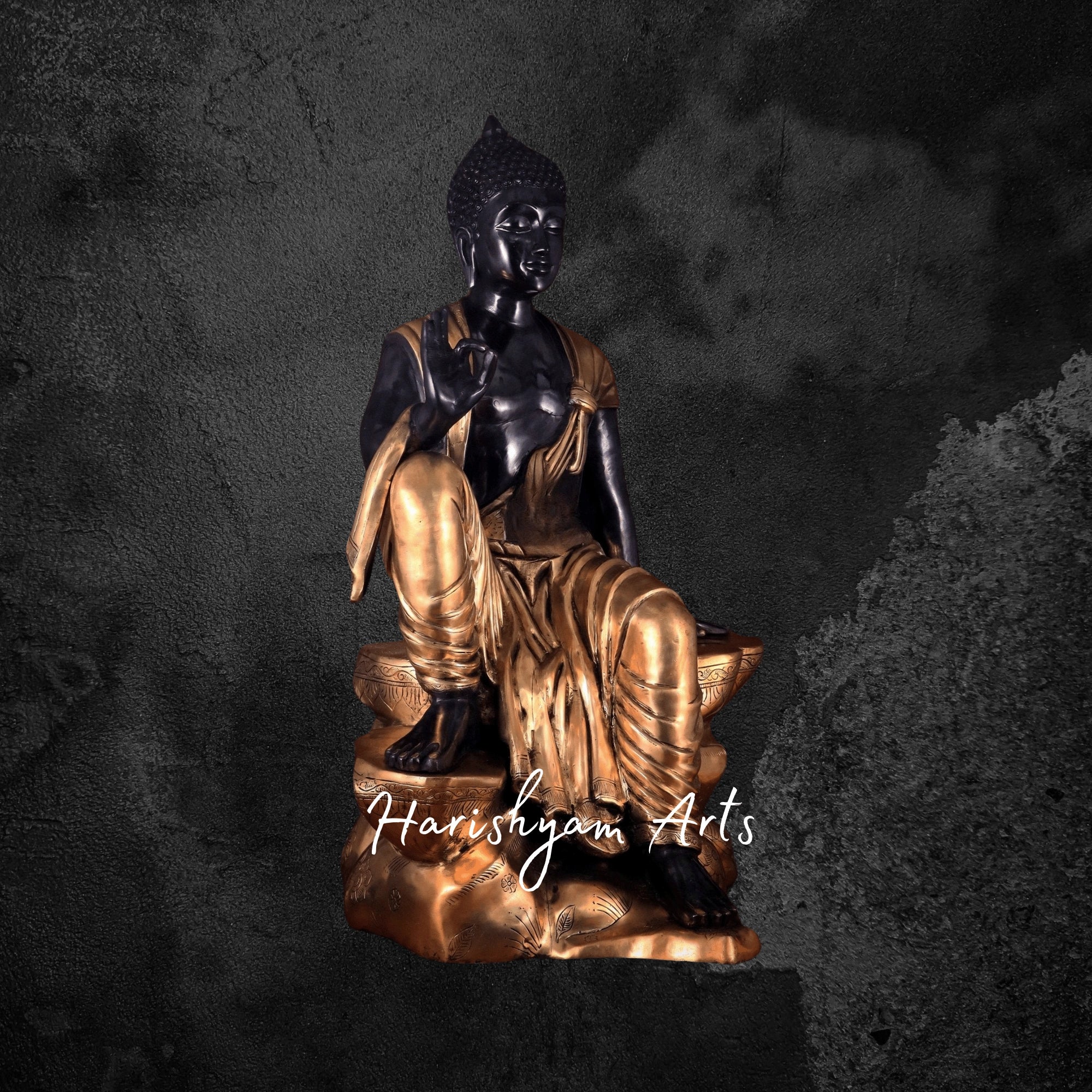 30" Antique Brass Buddha Idol Large Sitting Buddha with Black Heat Treated Finish