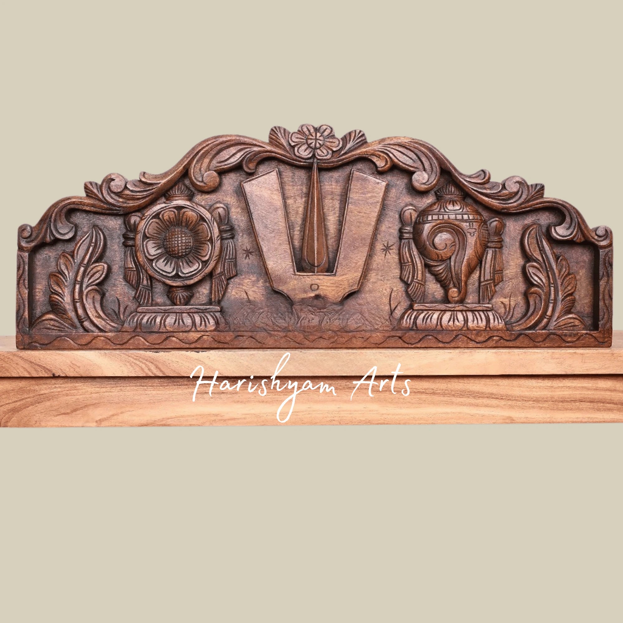30" Floral Shankha Chakra Namam Design Wax Brown Wooden Wall Panel