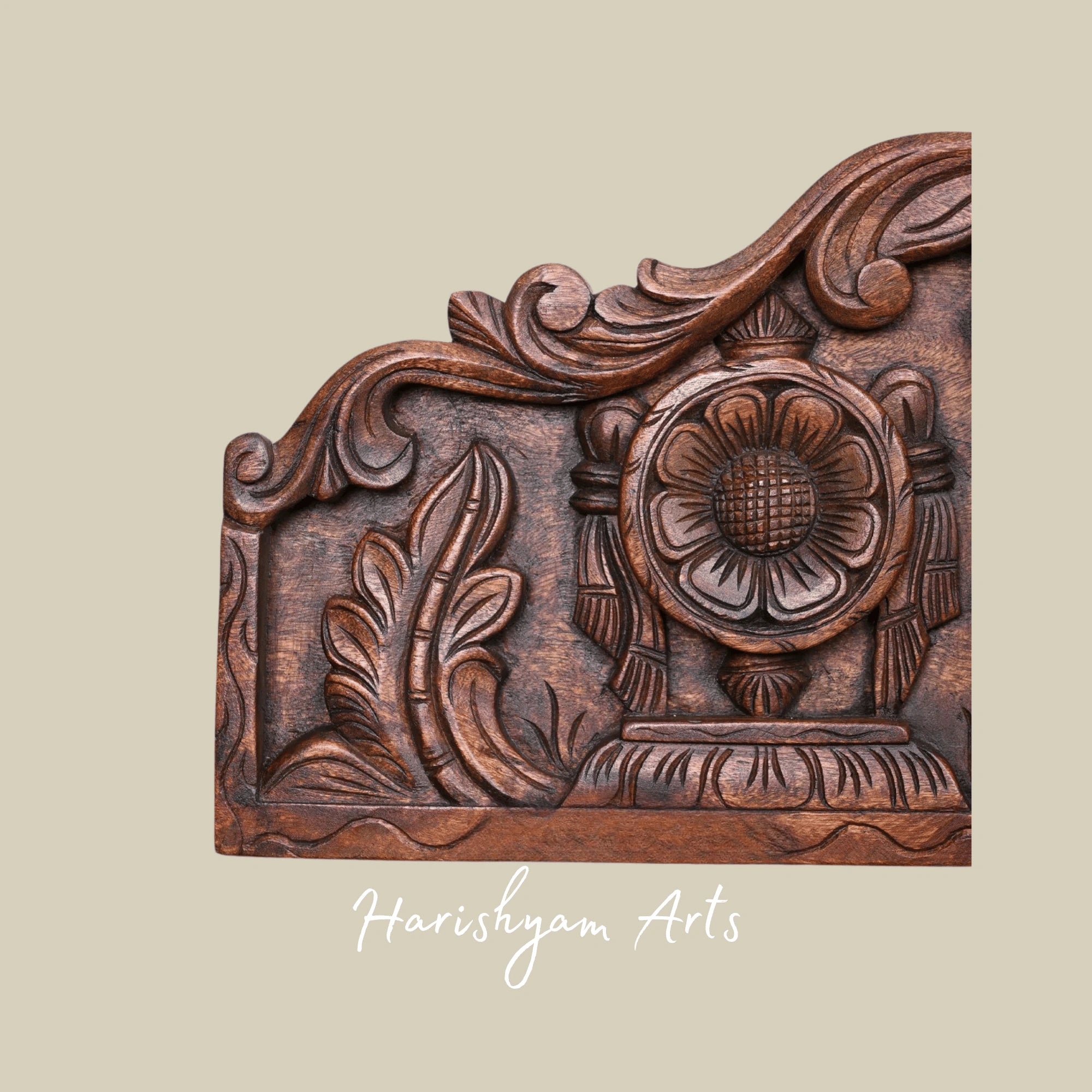 30" Floral Shankha Chakra Namam Design Wax Brown Wooden Wall Panel