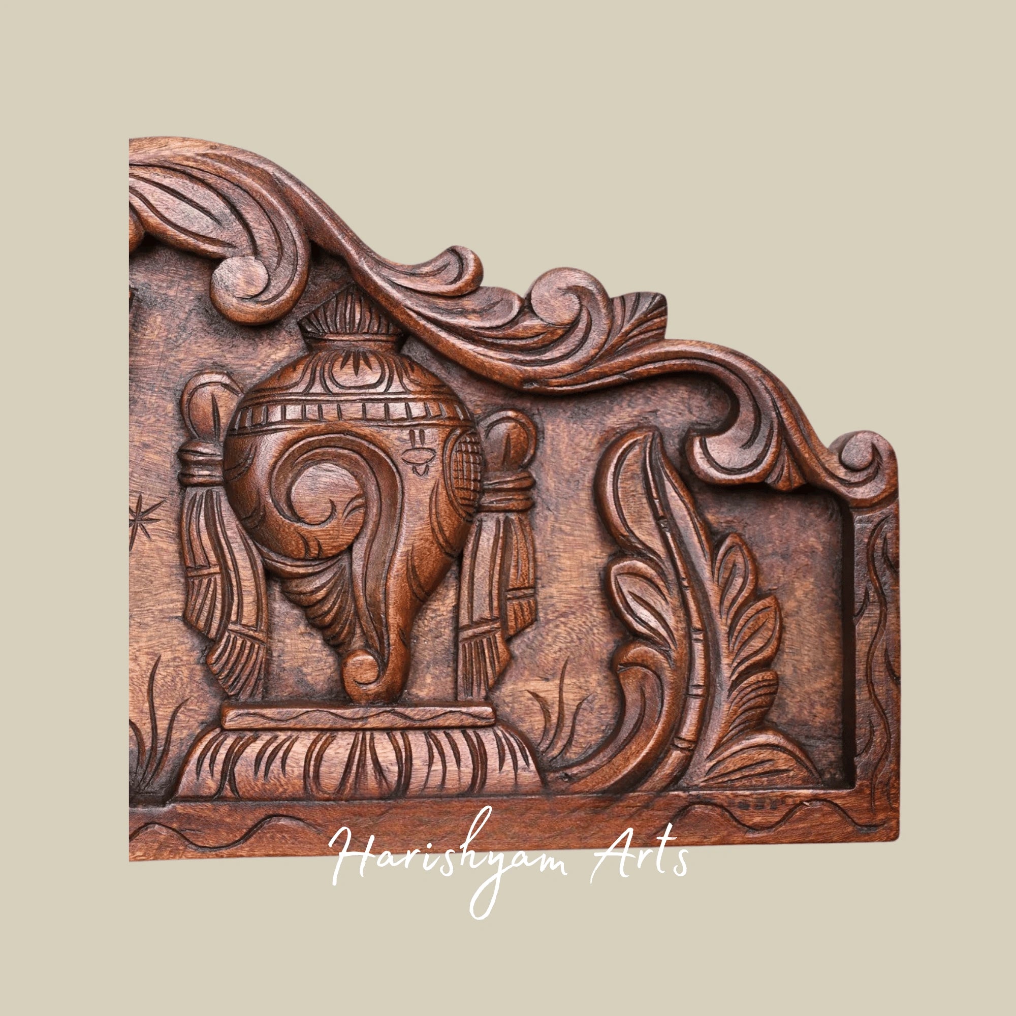 30" Floral Shankha Chakra Namam Design Wax Brown Wooden Wall Panel